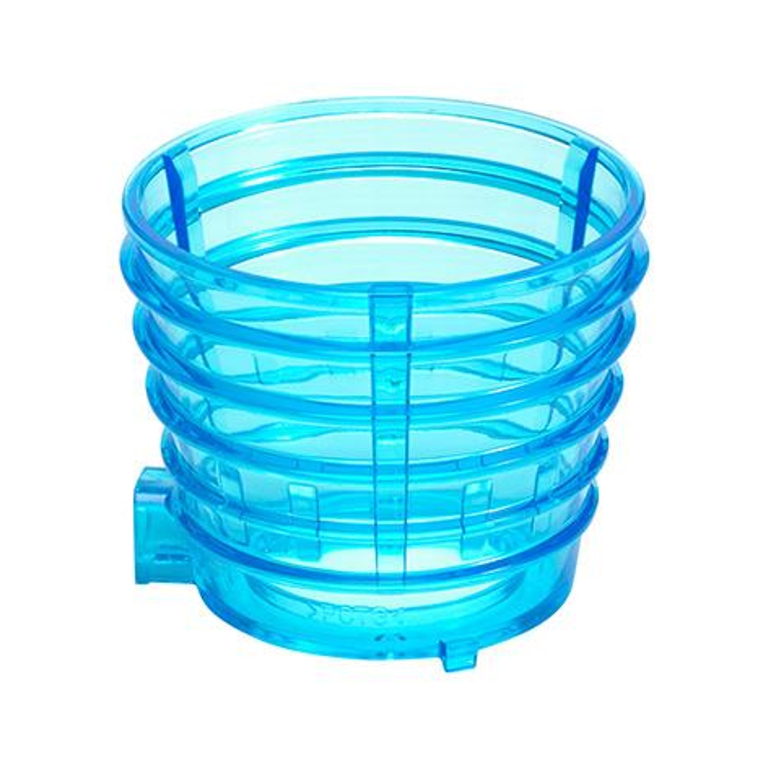 Un filtro per l'acqua trasparente, blu, circolare e multistrato.