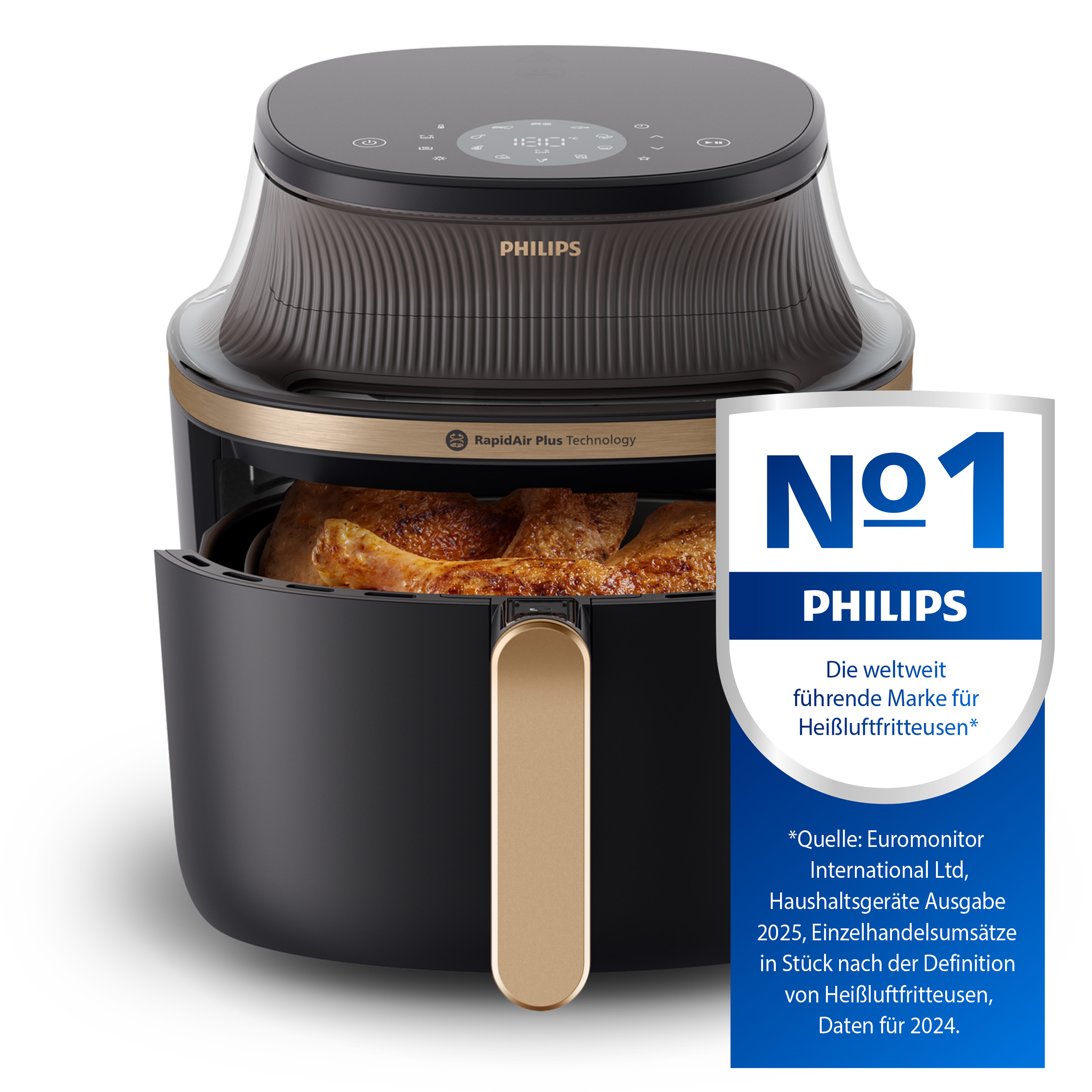Une friteuse à air avec une base noire et un dessus transparent. Texte et logo à droite.