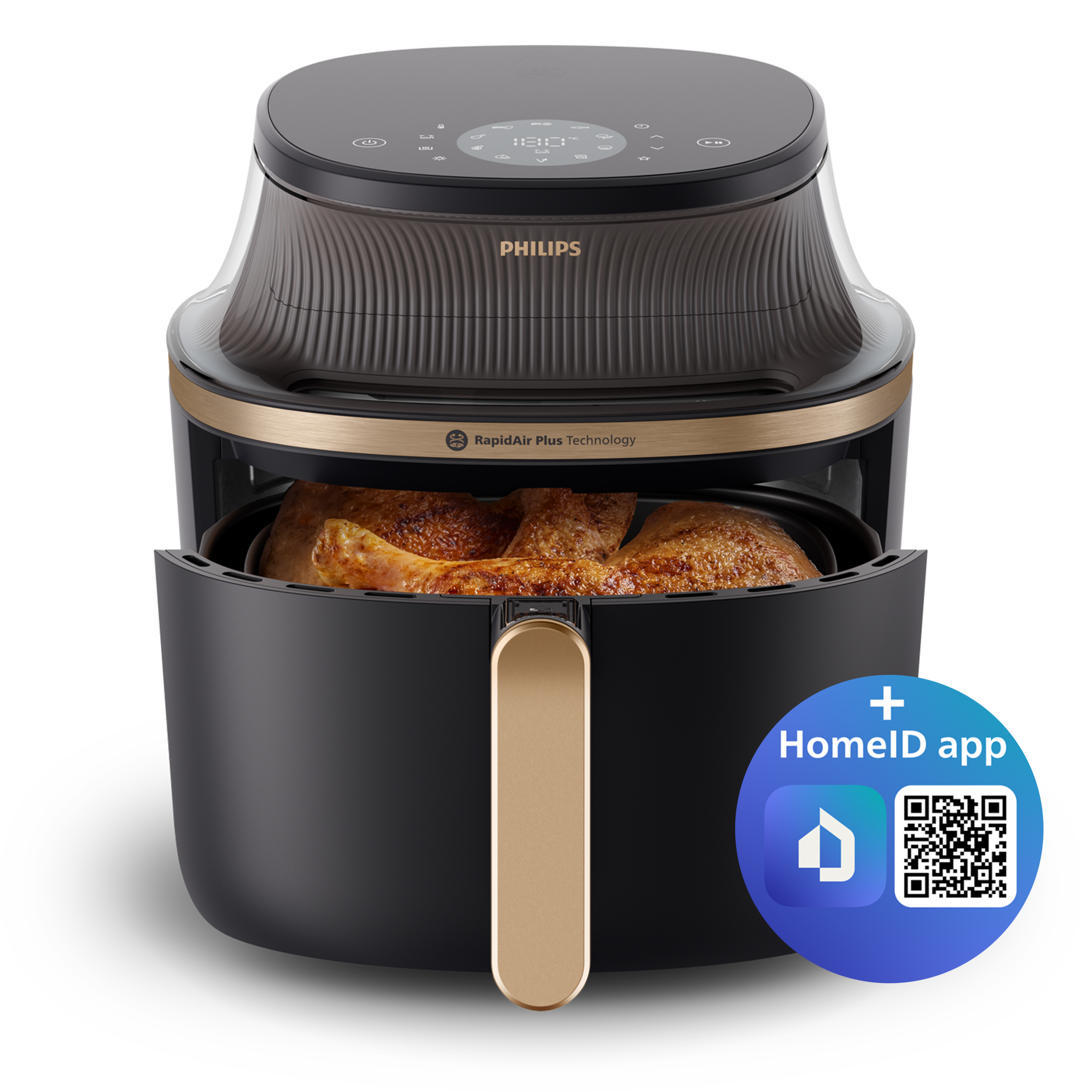 Friteuse à air noire avec poignée dorée, porte ouverte et nourriture à l'intérieur.