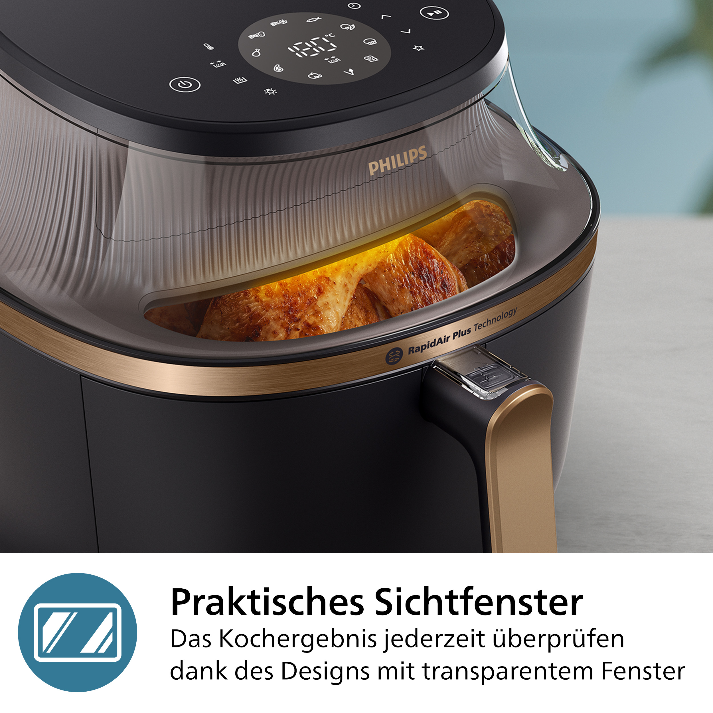 Une friteuse à air avec de la nourriture à l'intérieur est montrée. Une fenêtre transparente montre la nourriture. Elle a une poignée dorée.