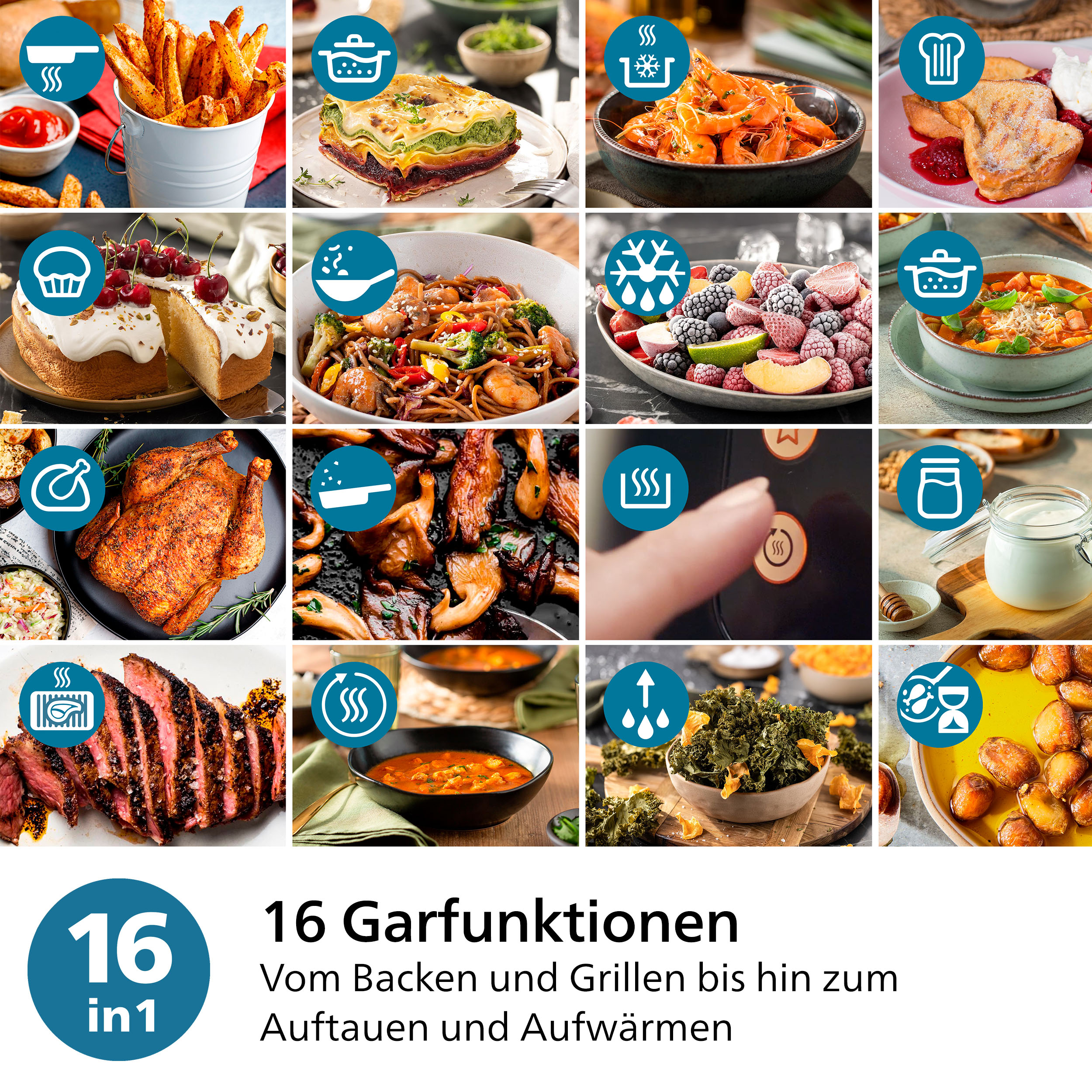 Diverses images d'aliments et icônes pour différentes fonctions de cuisson d'un appareil.
