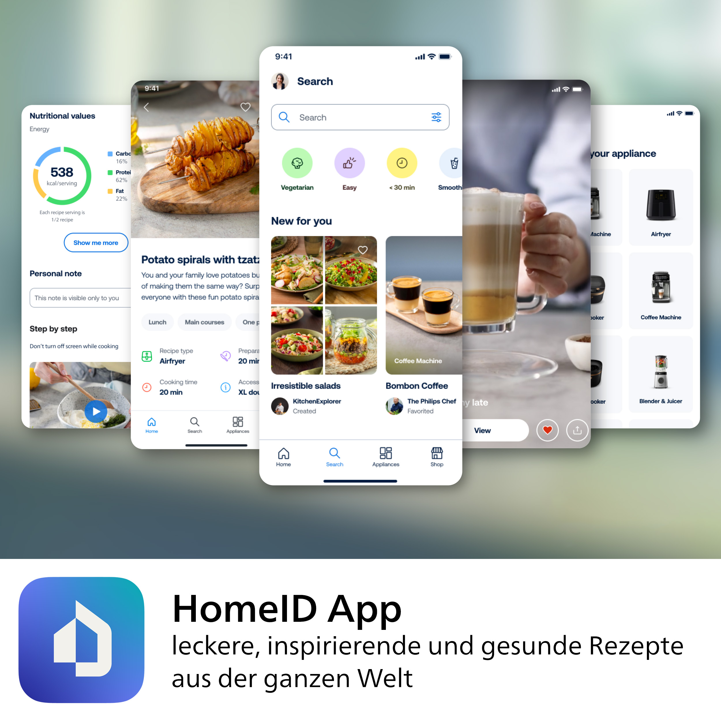 Interface d'une application mobile affichant des options de recettes avec un logo en bas.