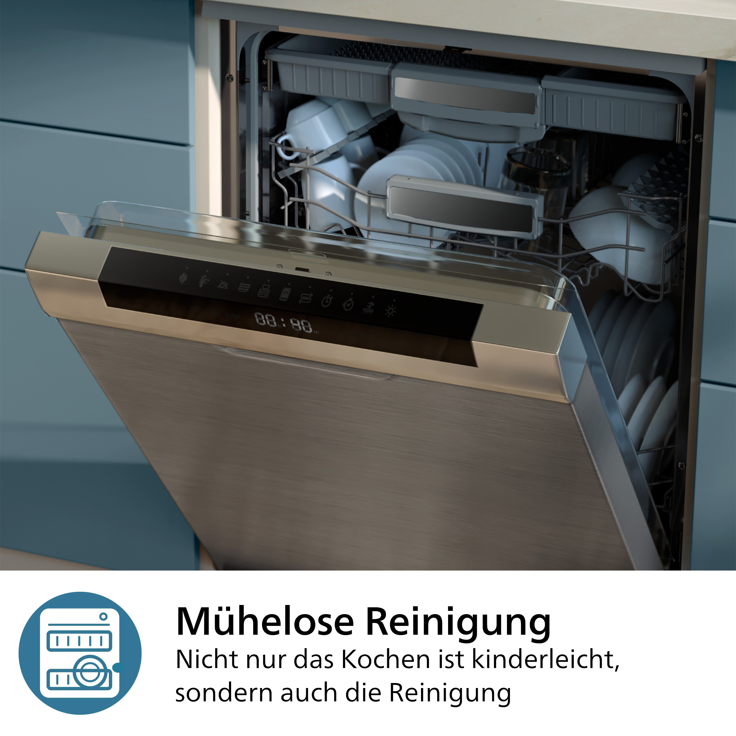 Lave-vaisselle ouvert, montrant la vaisselle propre à l'intérieur. Texte : Mühelose Reinigung (Nettoyage Facile).