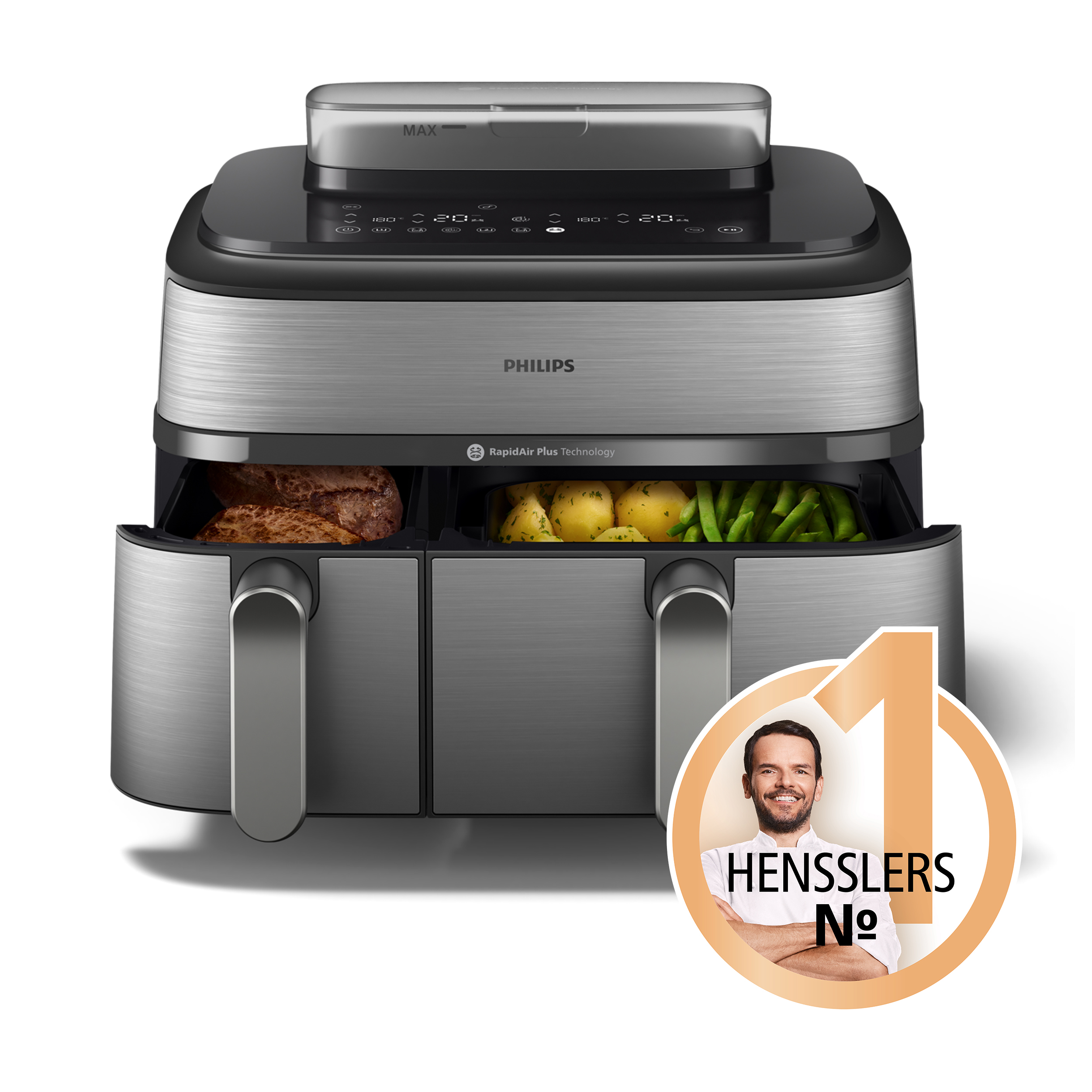 Silber-schwarze Philips Heißluftfritteuse, mit gekochtem Essen in den Schubladen und einem Werbeaufkleber.