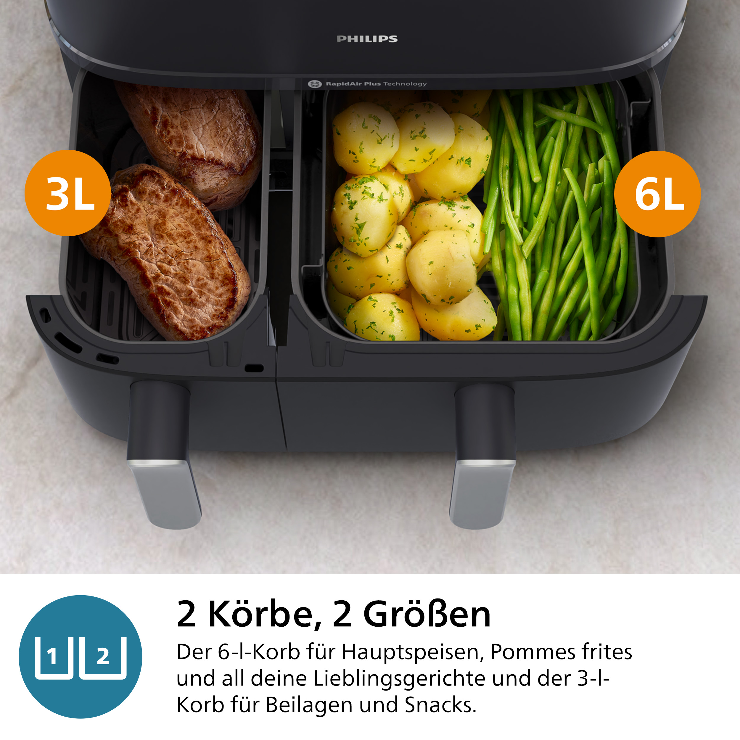 Eine schwarze Heißluftfritteuse mit zwei Körben, einer mit Kartoffeln und der andere mit Fleisch.