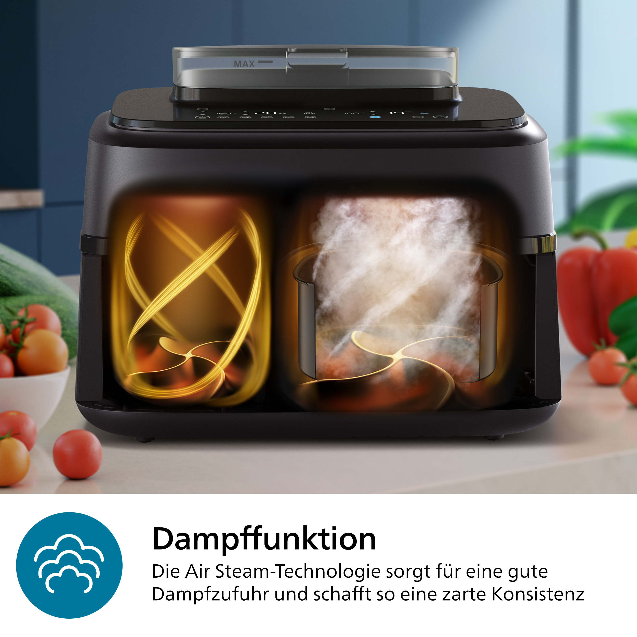 Eine schwarze Heißluftfritteuse mit Dampf, Gemüse und Text: Dampffunktion.