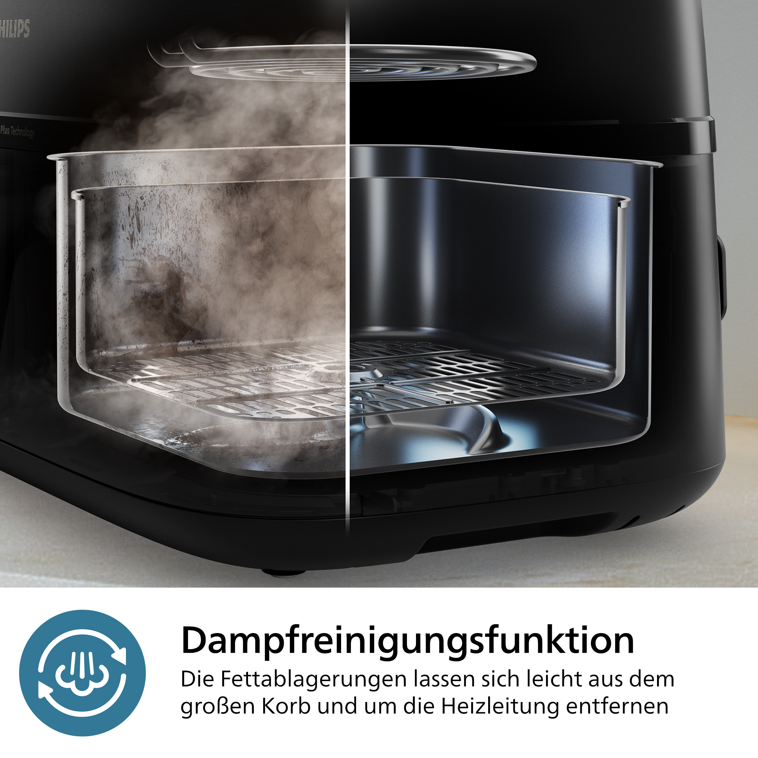 Heißluftfritteuse mit Dampf und geteilter Ansicht des Innenraums.