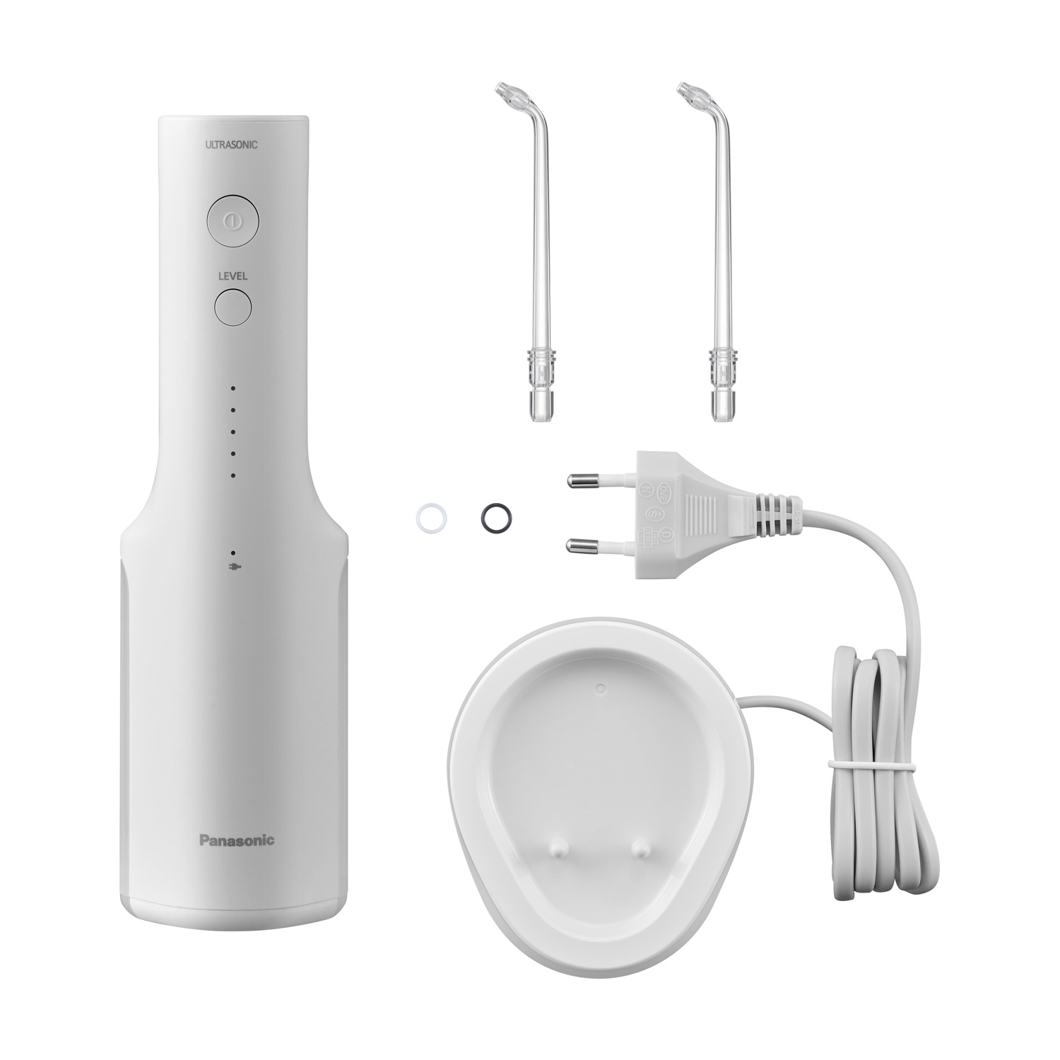 Un irrigatore orale bianco con accessori su sfondo bianco.