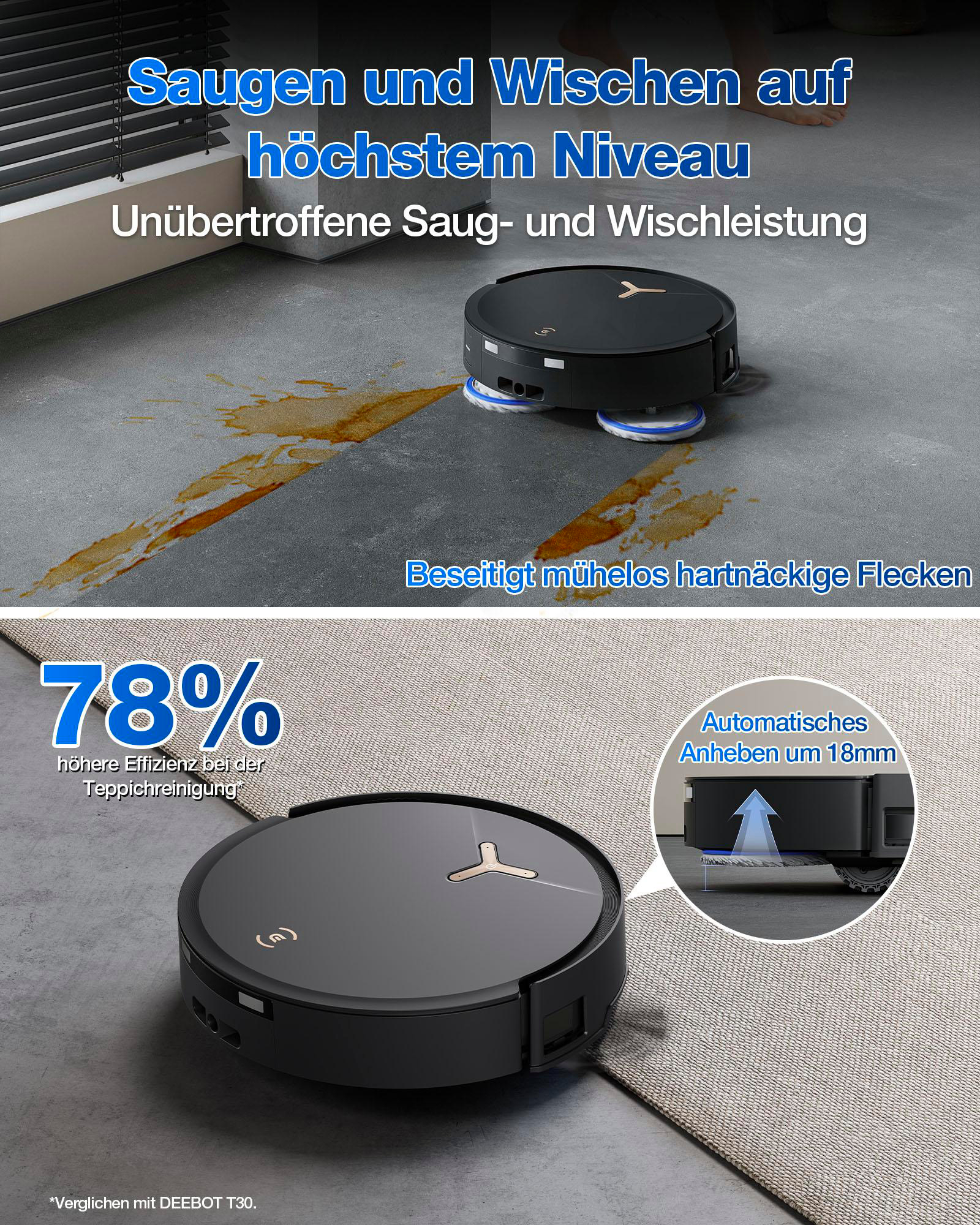 Ein schwarzer Roboter-Staubsauger reinigt einen verschmutzten Boden. Text ist enthalten.