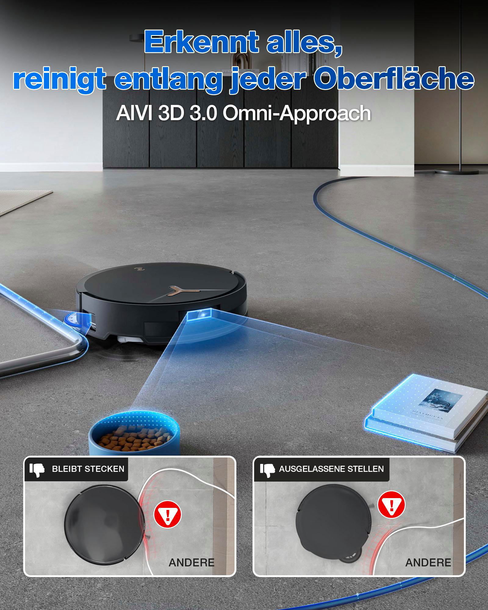 Ein schwarzer Roboter-Staubsauger reinigt einen grauen Boden. Ein blaues Kabel und eine Schüssel sind ebenfalls sichtbar.