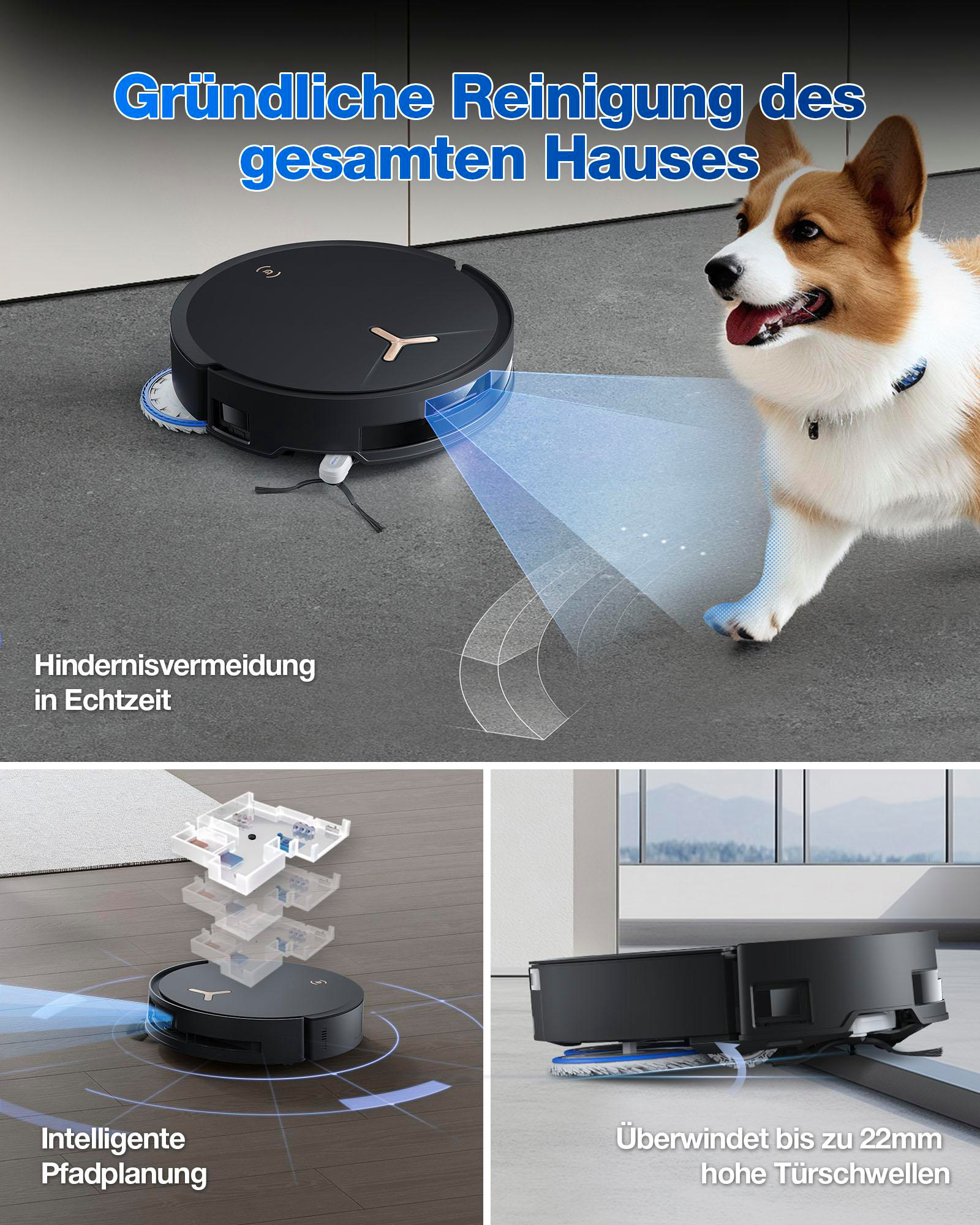 Ein Roboter-Staubsauger reinigt den Boden. Ein Hund ist im Hintergrund. Text ist sichtbar.