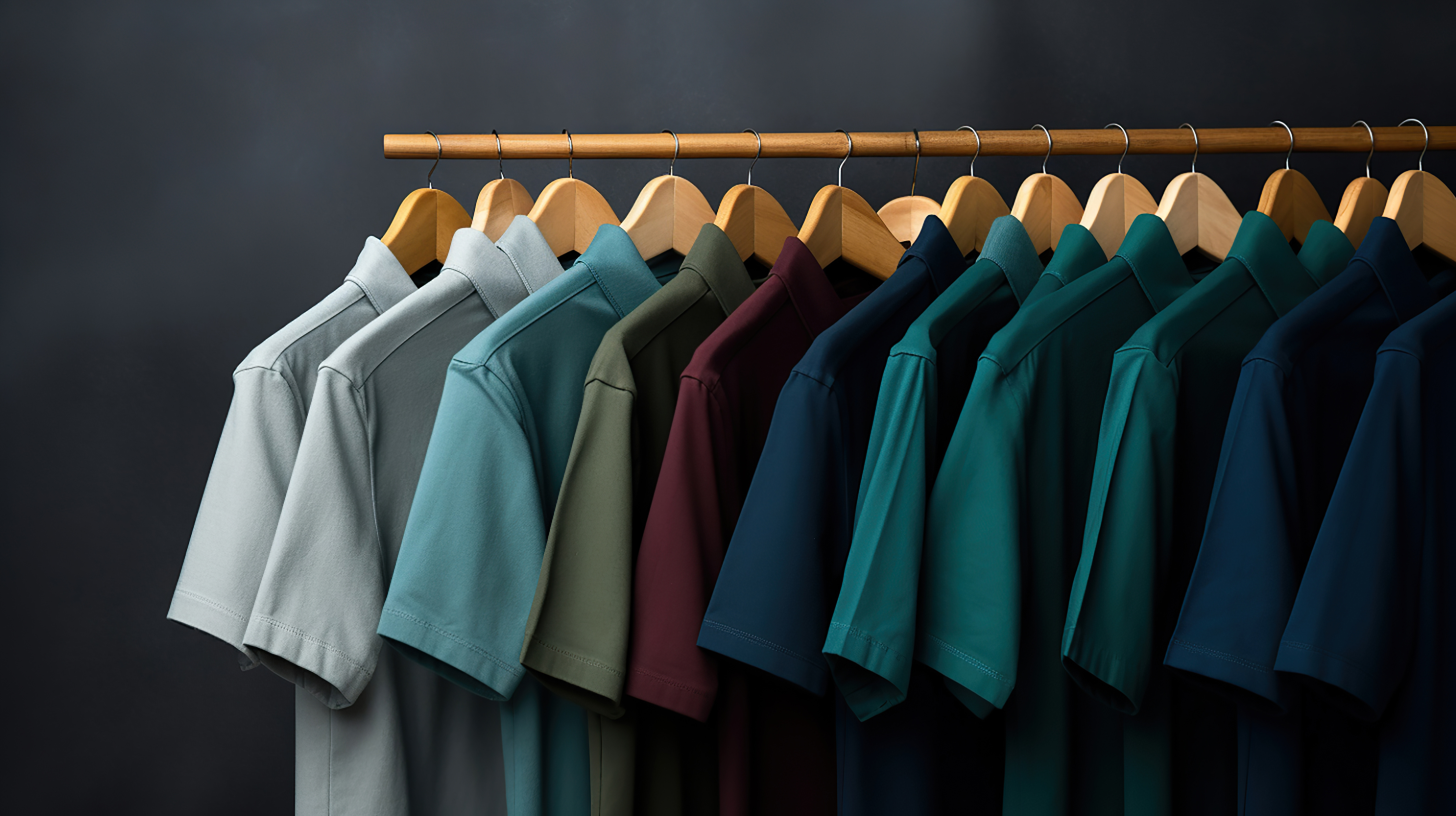 Fila de polos en perchas, varios colores, de gris a azul marino. Fondo oscuro.