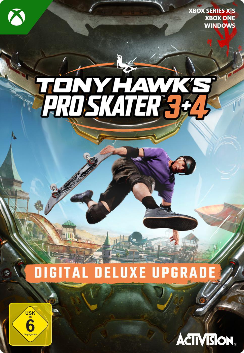 Spiel-Cover, Tony Hawk's Pro Skater 3+4. Ein Skater ist in der Luft. Xbox- und Activision-Logos. Weißer Hintergrund.