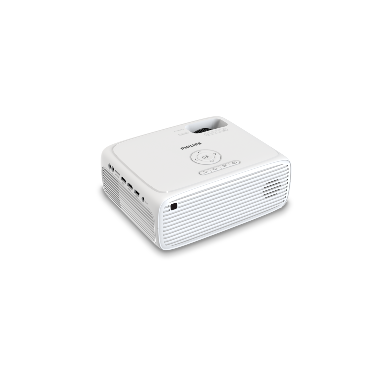 Un projecteur Philips blanc sur fond noir. Le projecteur a des boutons et des grilles. La marque est visible.