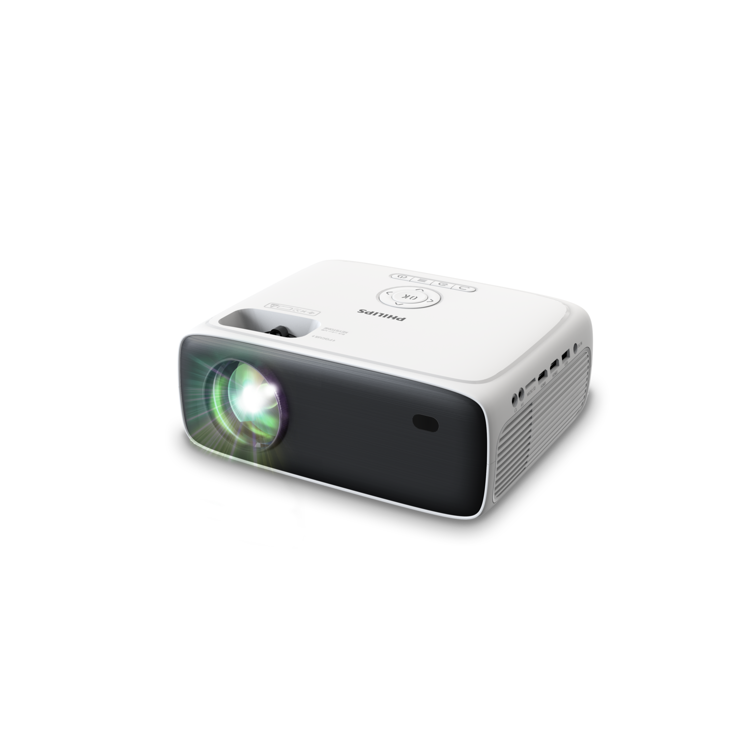 Projecteur blanc avec une façade noire. L'objectif projette un faisceau de lumière.