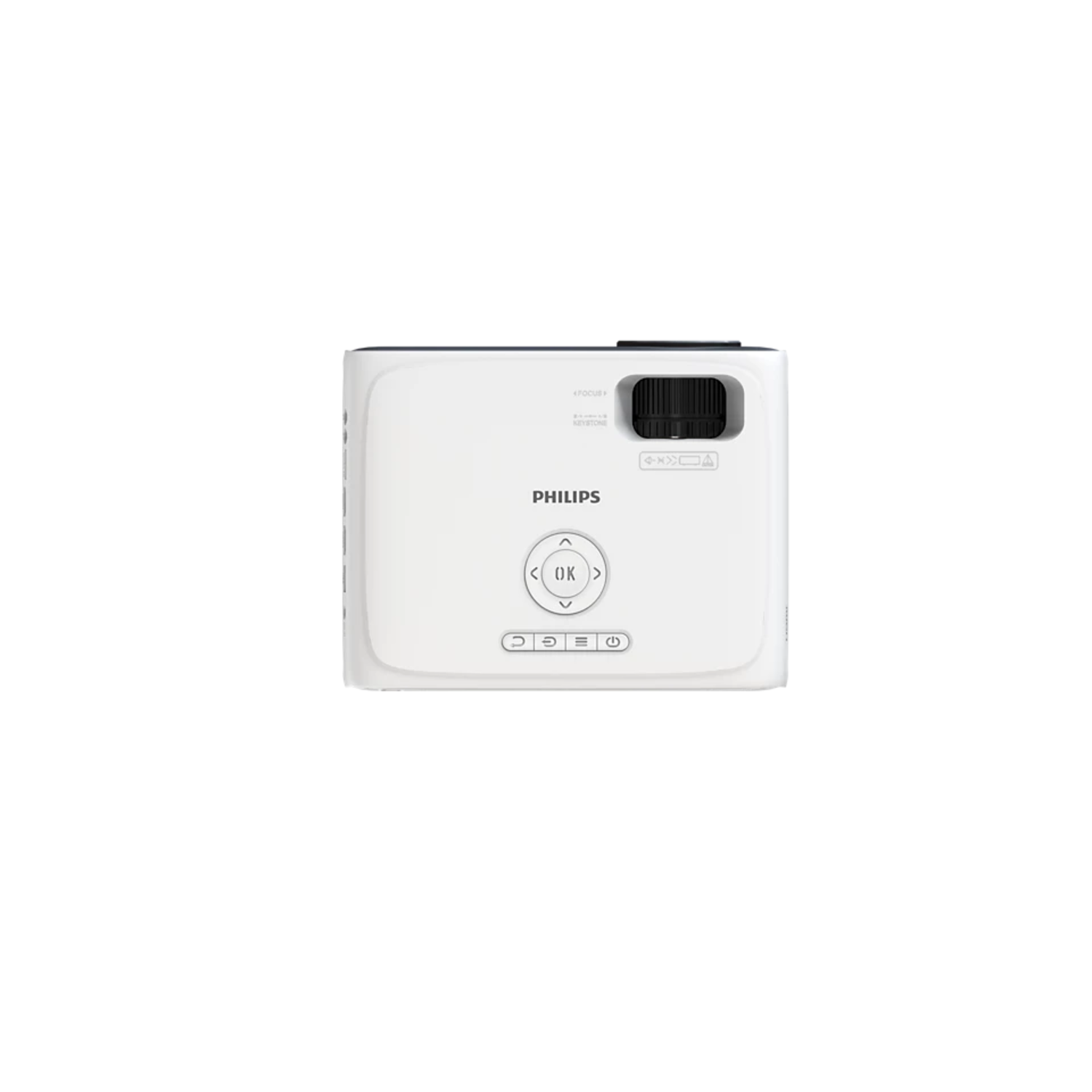 Projecteur Philips blanc sur fond blanc. Il possède un objectif, des boutons de commande et le logo Philips.