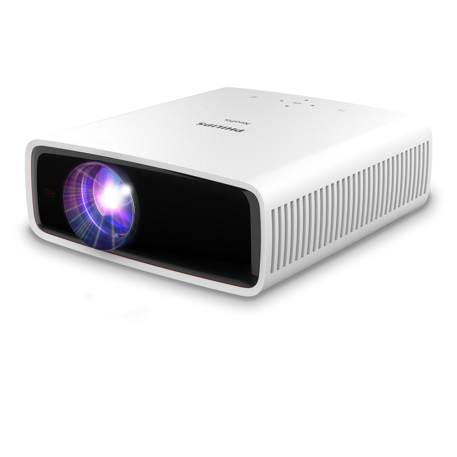 White Philips NeoPix projector. It has a lens projecting light. The top has control buttons. The side has ventilation.