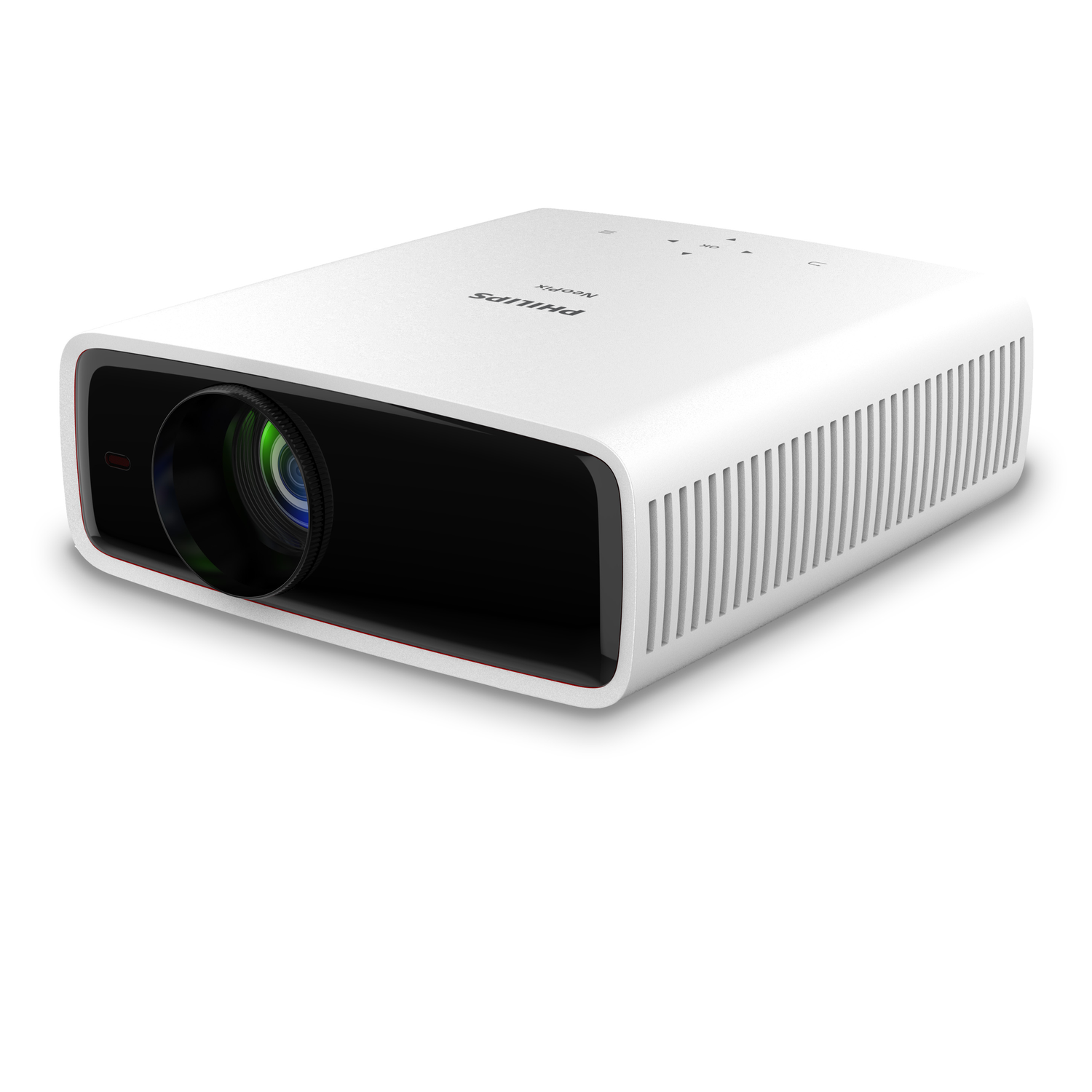 White Philips NeoPix projector. It has a lens, ventilation, and control buttons on top, on a white background.