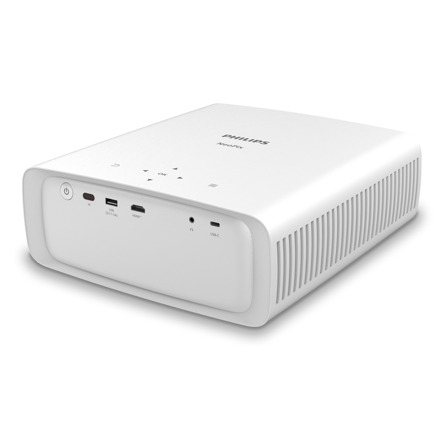 A white Philips NeoPix projector. It has connection ports and control buttons on the front.
