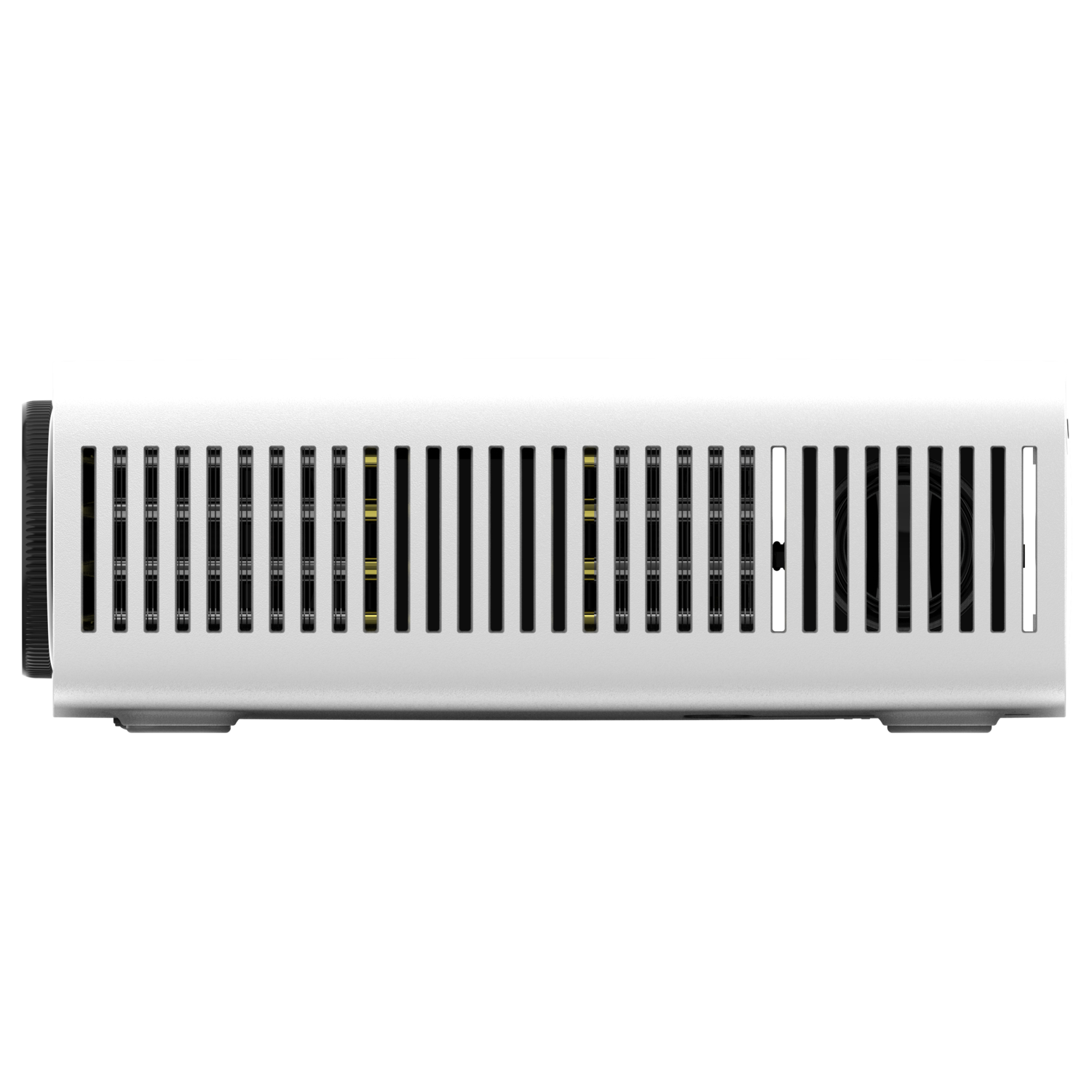 A white rectangular device with vertical vents, likely a computer component.