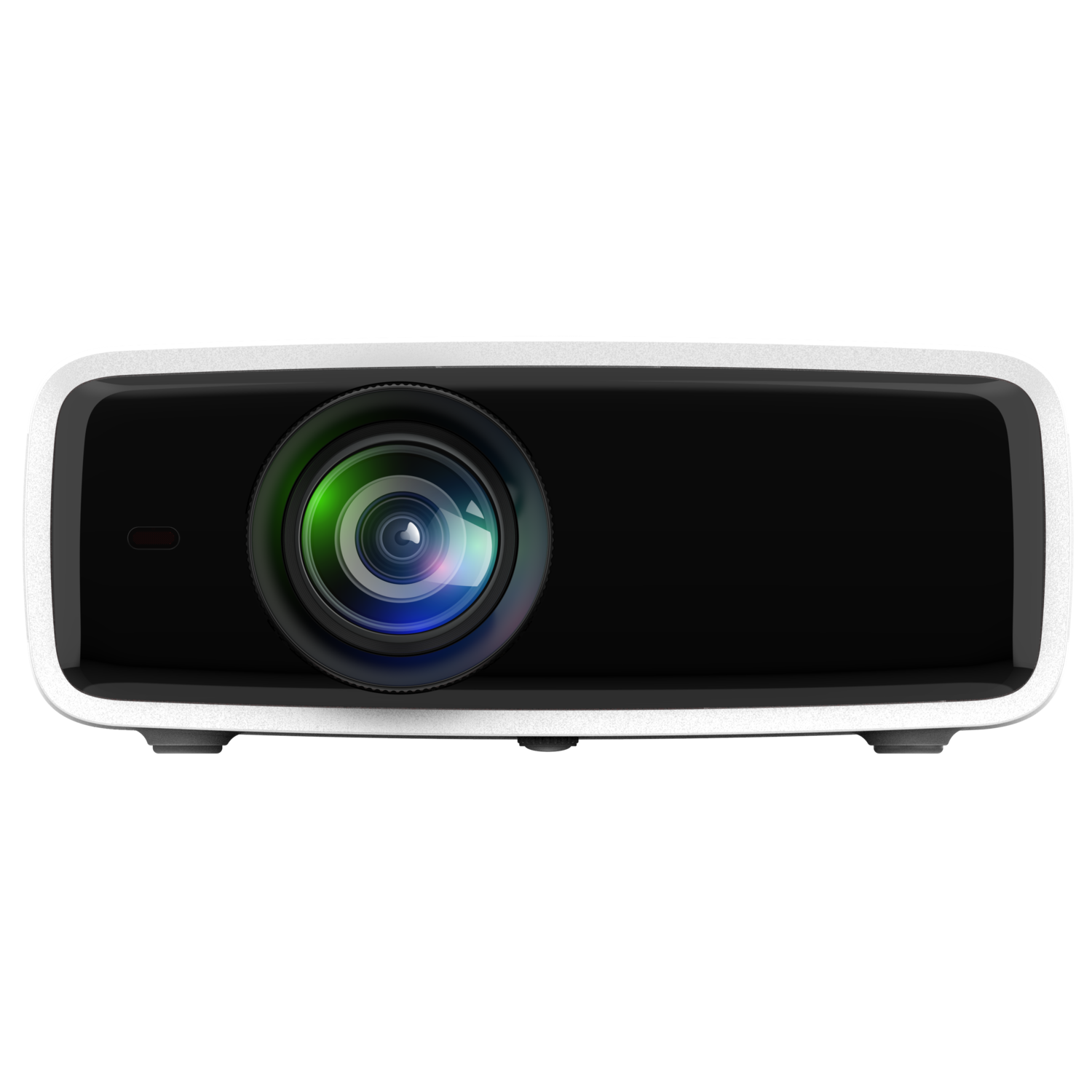 A white projector with a black front panel and a large lens. The lens reflects green and blue light.