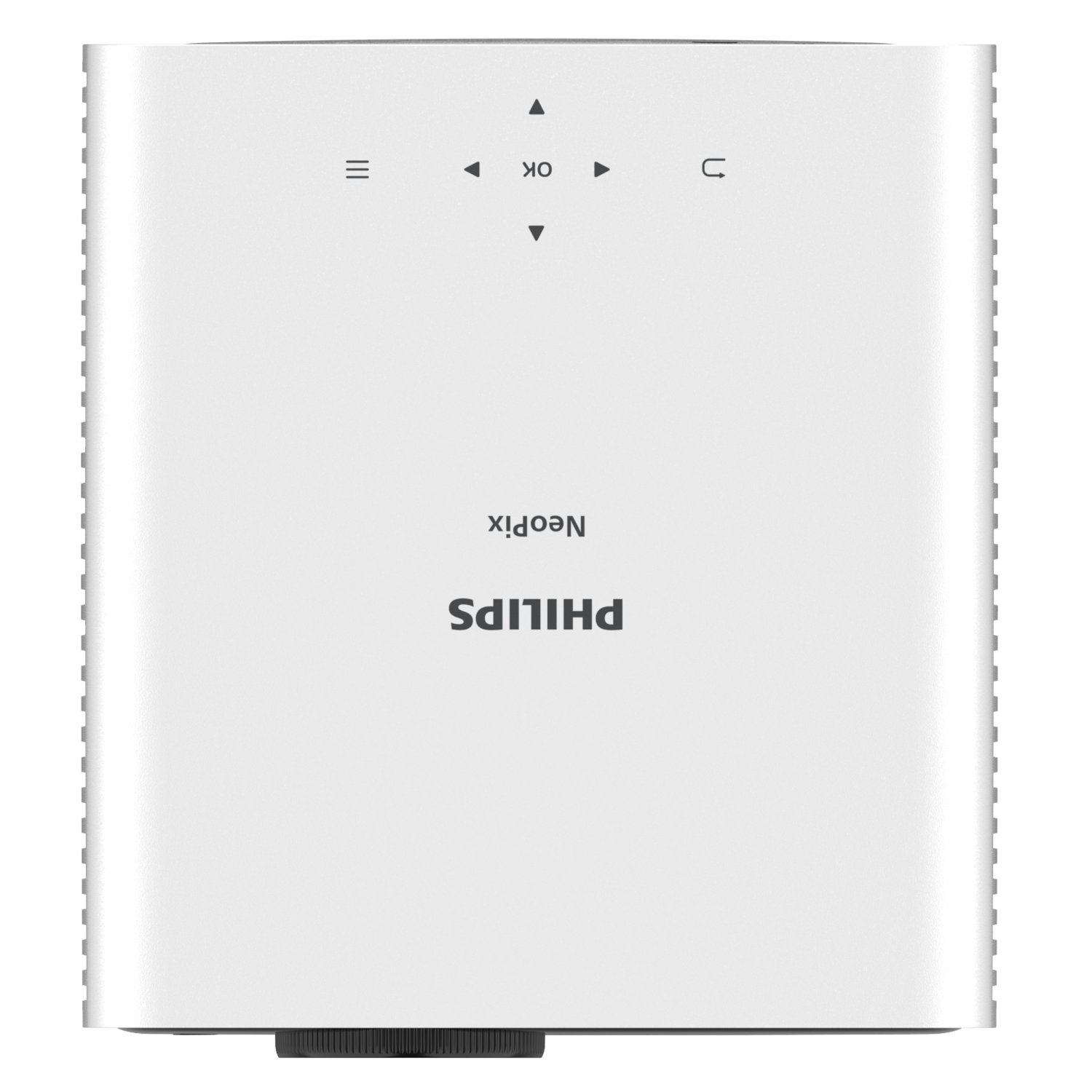 White Philips NeoPix projector. Top has navigation buttons. Philips logo is prominent.