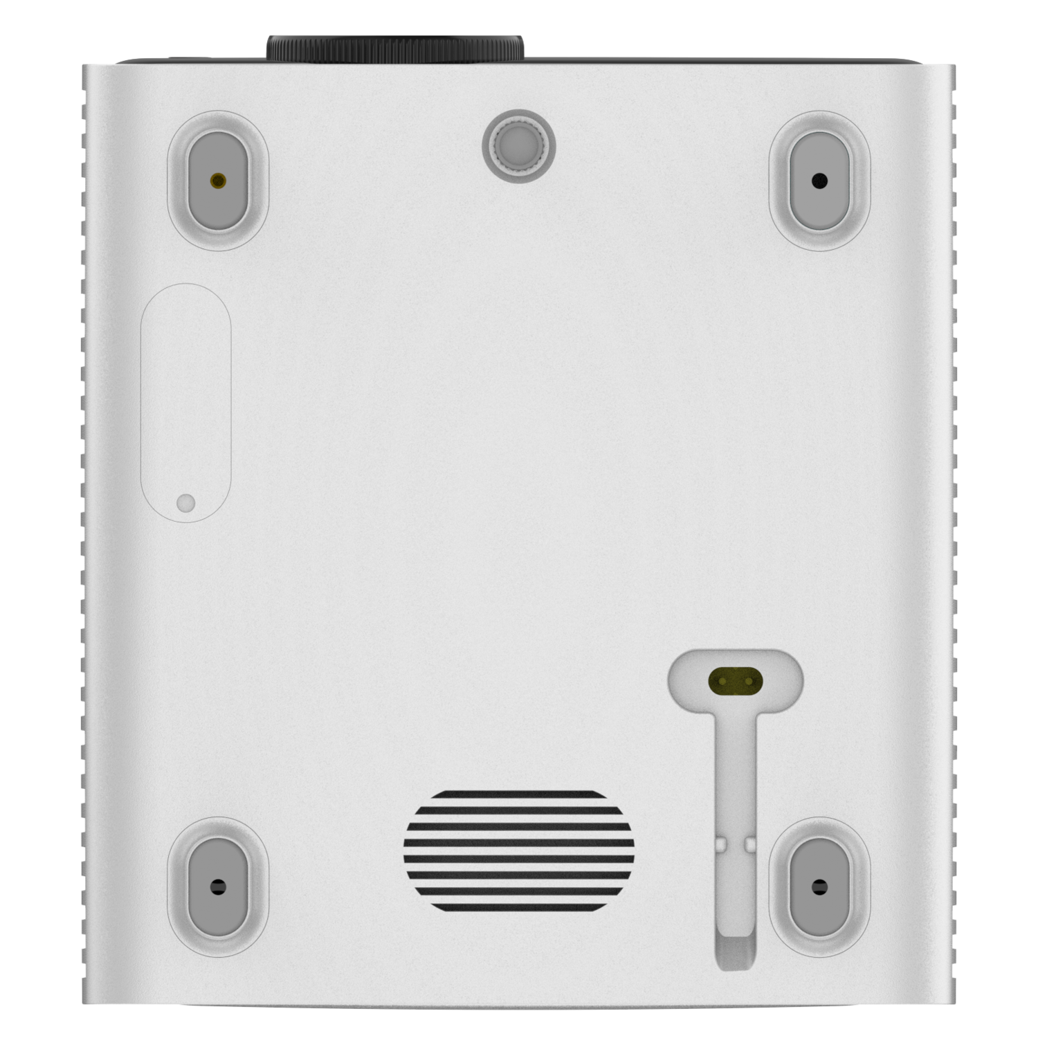 Top view of a white projector with black vents and several grey pads. Black background.