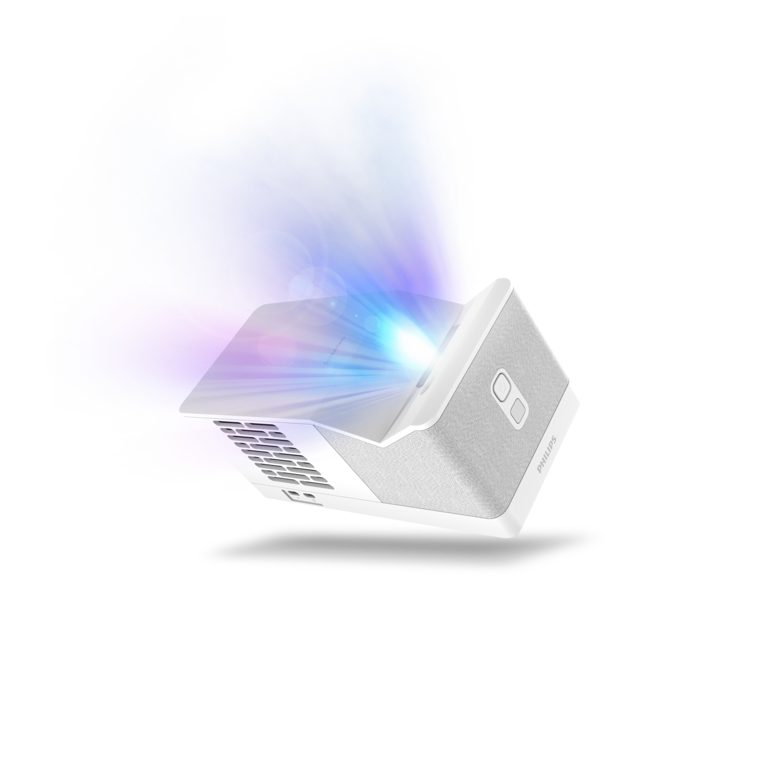 Projecteur blanc avec faisceau lumineux sur fond noir avec éclats de couleur bleus et violets. Le projecteur a des boutons et le logo Philips.