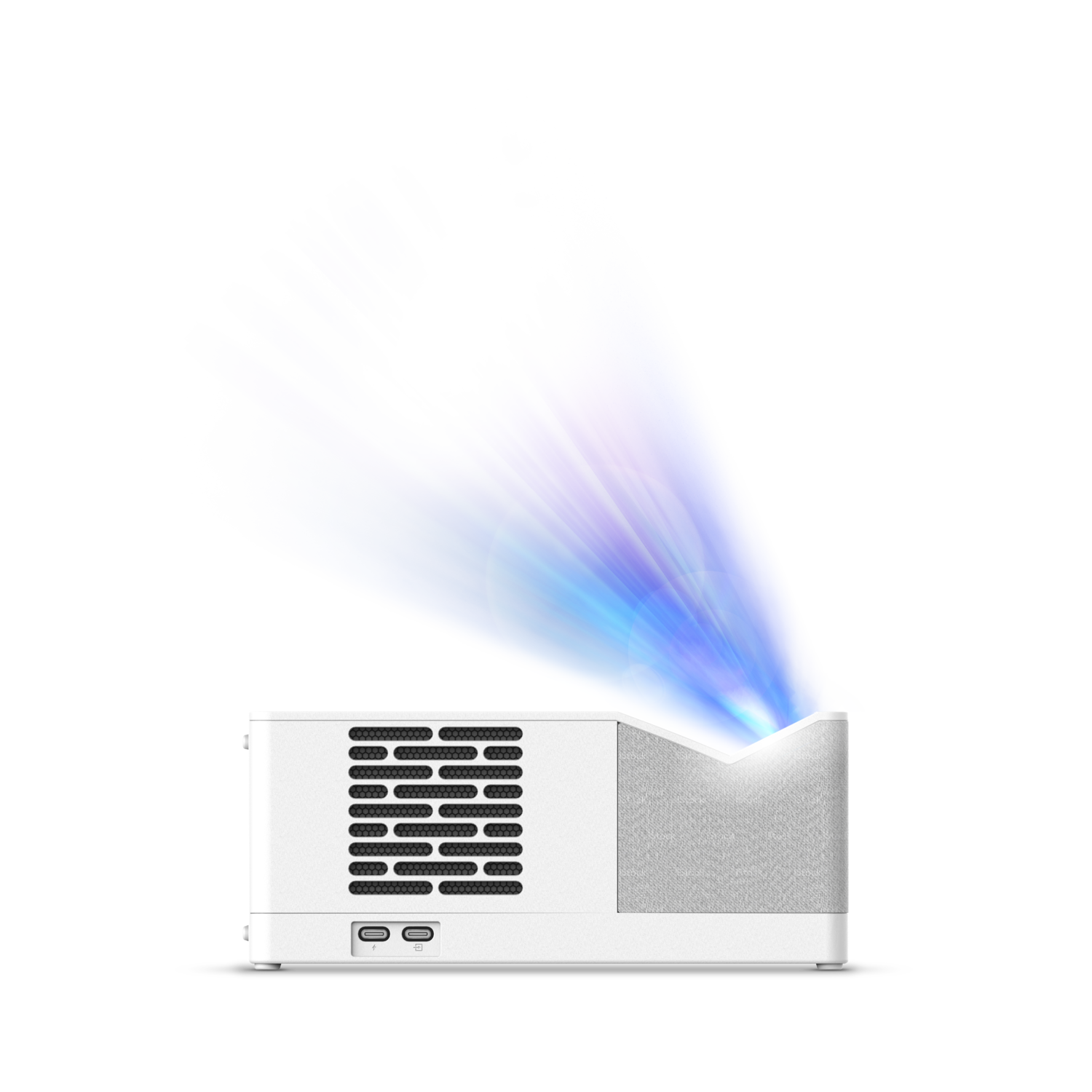 Un projecteur blanc émet des faisceaux lumineux bleus et violets sur un fond noir. La lumière semble en sortir.