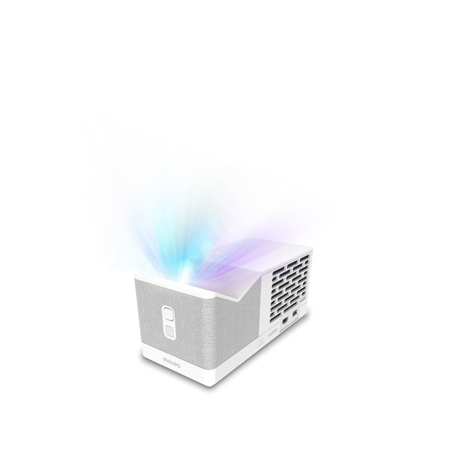 Projecteur blanc avec des faisceaux lumineux colorés. Fond noir.