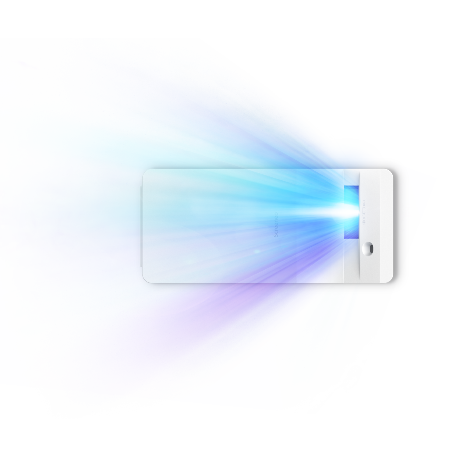 Un projecteur blanc émettant une lumière bleue. La lumière se propage sur un fond violet et bleu.