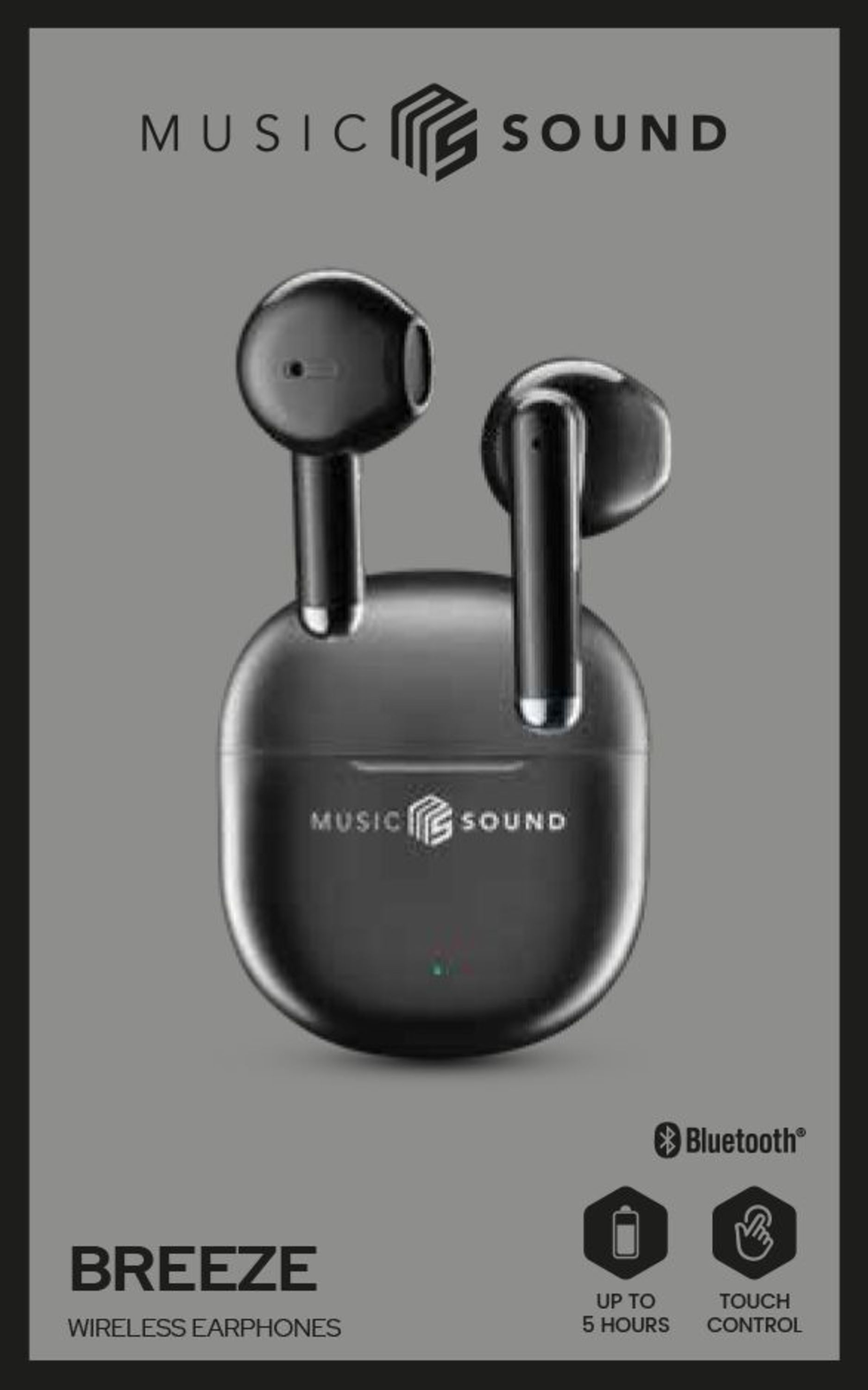'MUSIC SOUND' markası ve 'BREEZE' modeli ile şarj kutusunda siyah kablosuz kulaklıklar.