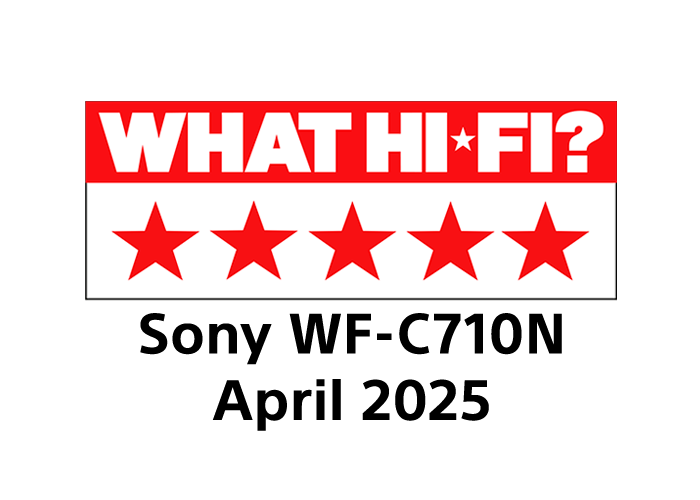 Weißer Hintergrund mit rotem Banner mit der Aufschrift 'WHAT HI*FI?' und fünf roten Sternen, darunter Text.