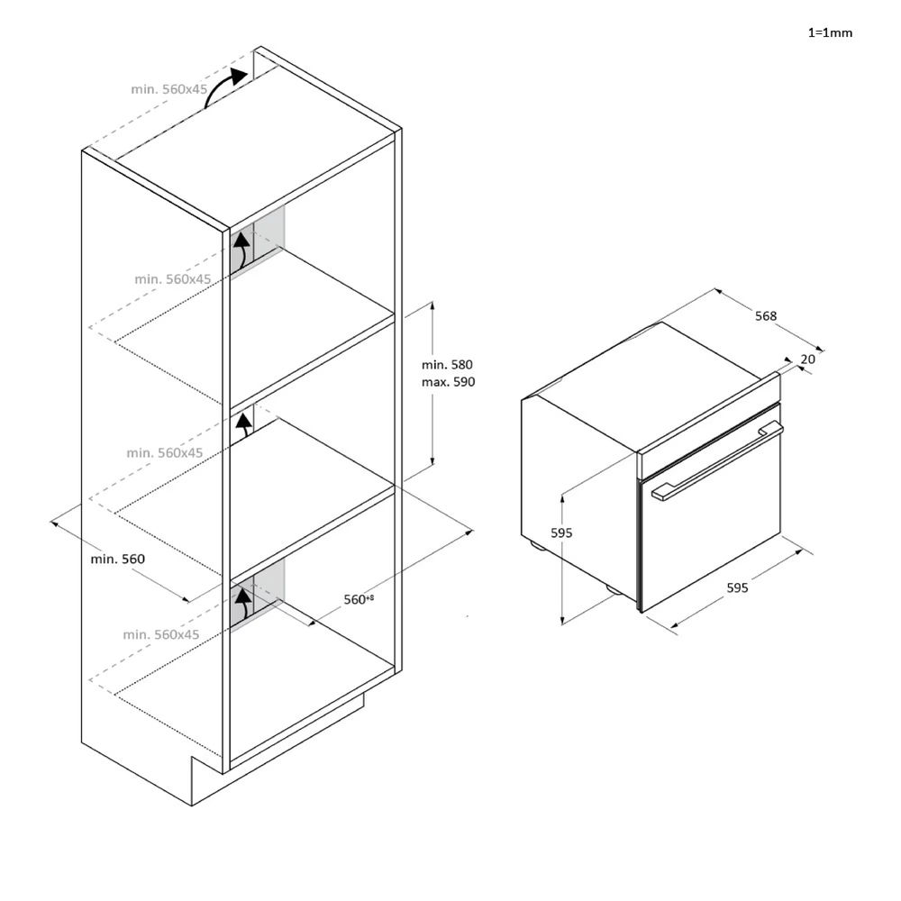 Szekrény és sütő diagramja, méretekkel mm-ben.