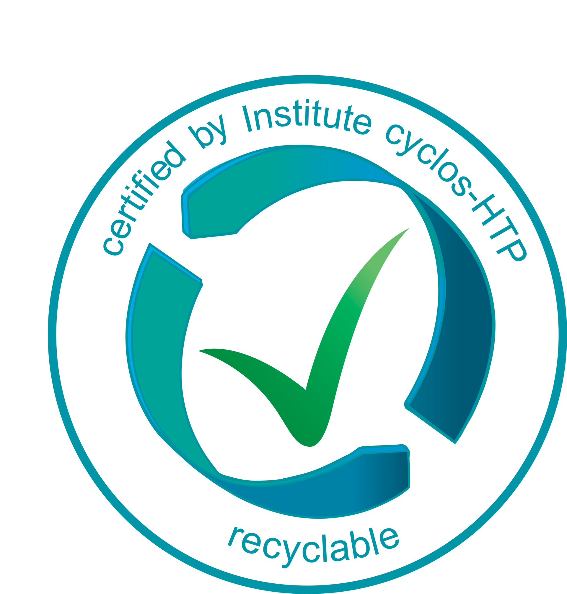 Egy kör alakú logó, melyen a „recyclable” (újrahasznosítható) felirat és a Institute cyclos-HTP.