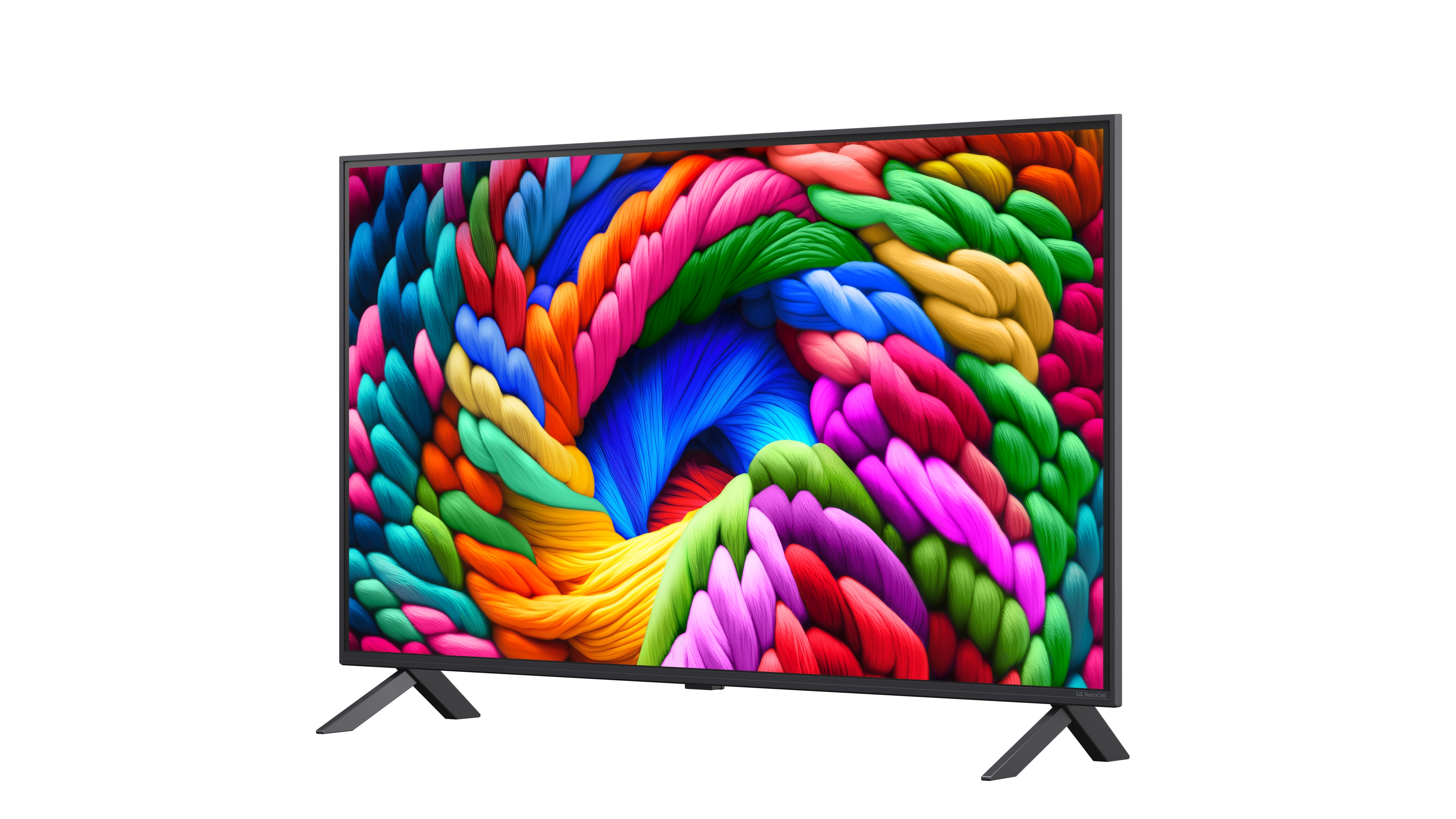 Ein Fernseher auf einer weißen Oberfläche. Der Fernseher hat einen schwarzen Bildschirm und zwei Beine.