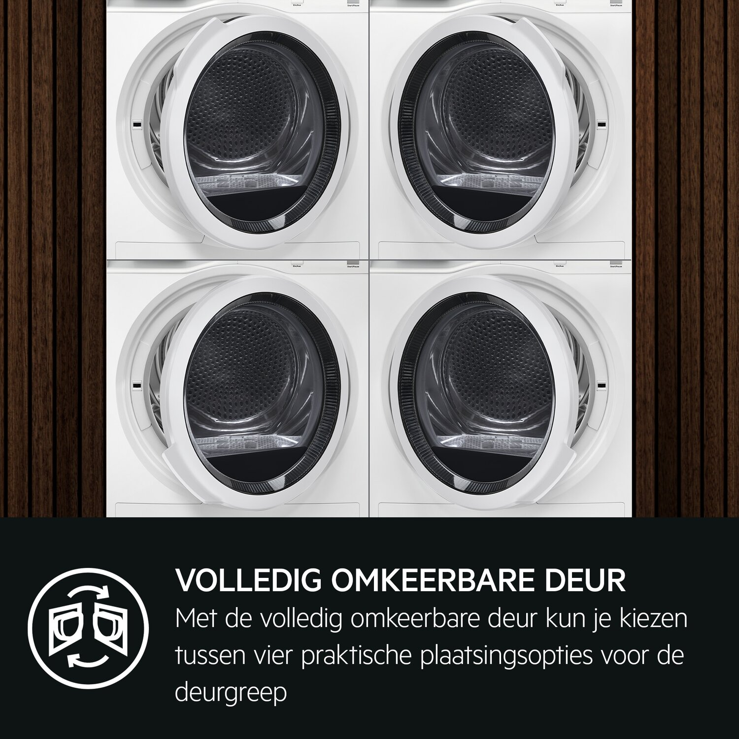 Four white washing machines with open doors against a dark wood-grain background.
