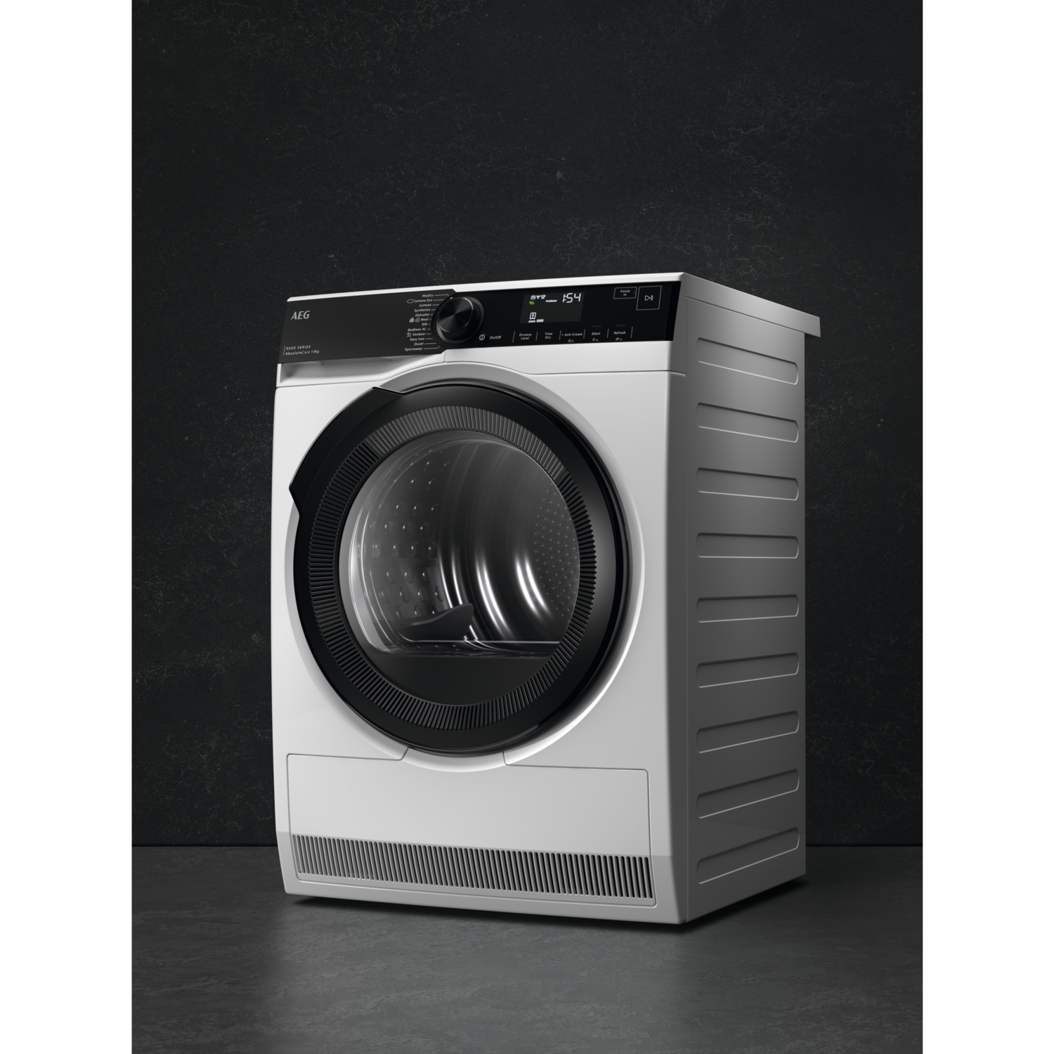White AEG dryer on a dark background. Display shows numbers. Side panels visible.