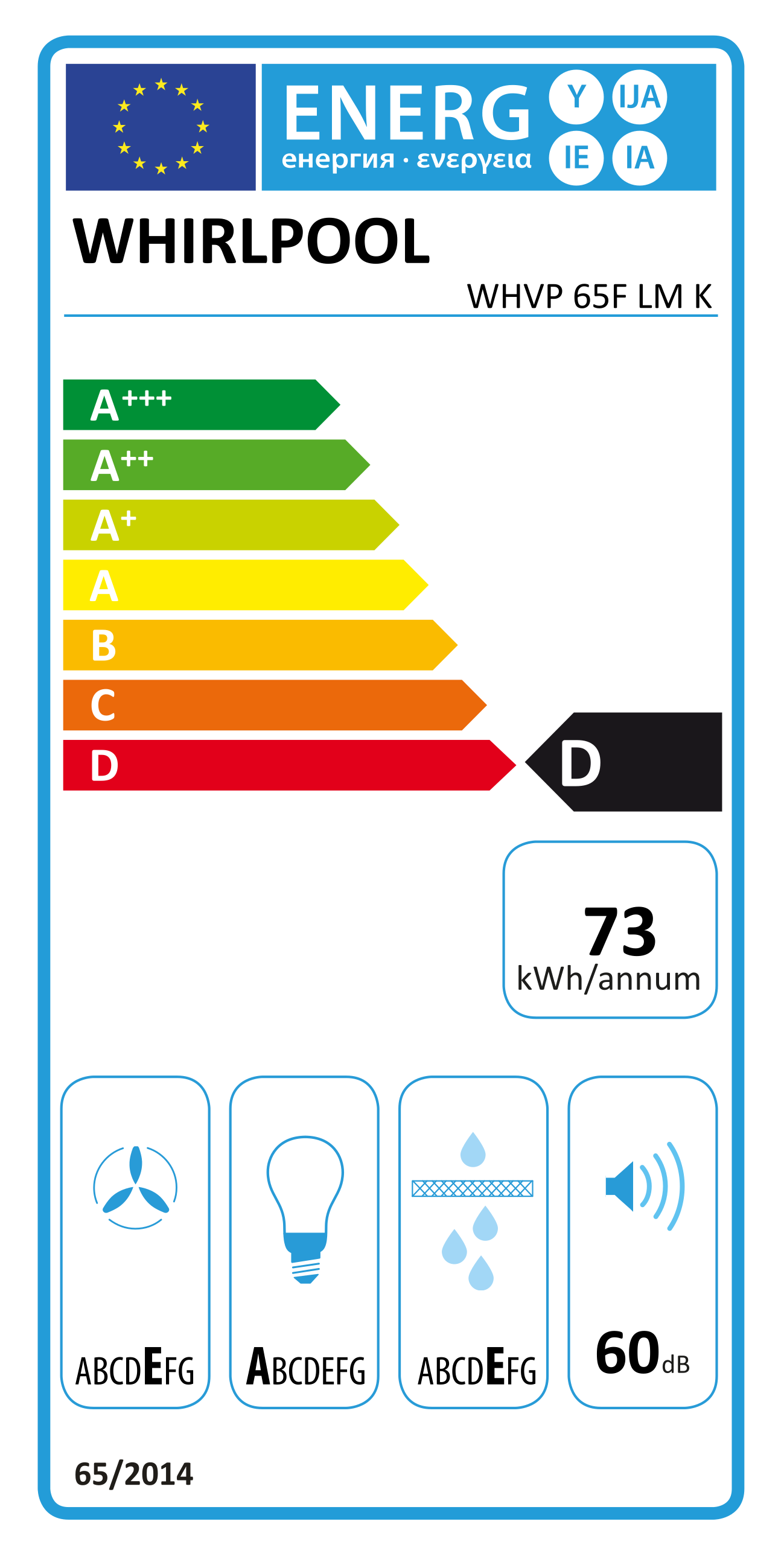 Energia címke egy Whirlpool készülékhez, energiahatékonysági osztályokkal és zajszinttel.