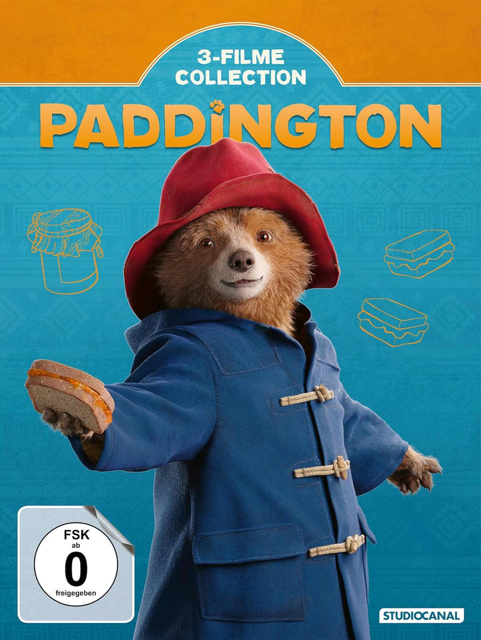 Paddington Bär trägt einen blauen Mantel und einen roten Hut und hält ein Sandwich. Der Hintergrund ist blau mit dem Filmtitel.