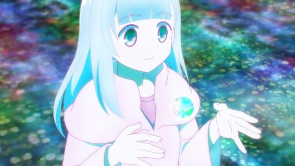 Anime-Mädchen mit blauen Haaren und weißem Mantel, in einem bunten Feld.