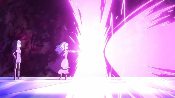Anime-Figuren mit hellem, violettem Licht.