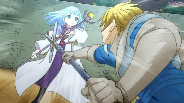 Ein Anime-Stil-Kampfszene, ein blondes Mädchen und ein Ritter mit Schwertern.