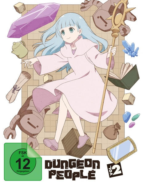 Anime-DVD-Cover von Dungeon People Vol. 2. Ein Mädchen mit blauen Haaren hält einen Stab.