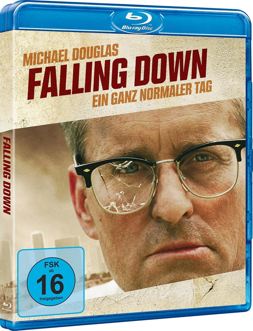 Blu-ray Hülle für 'Falling Down' mit Michael Douglas, zersprungenen Gläsern.
