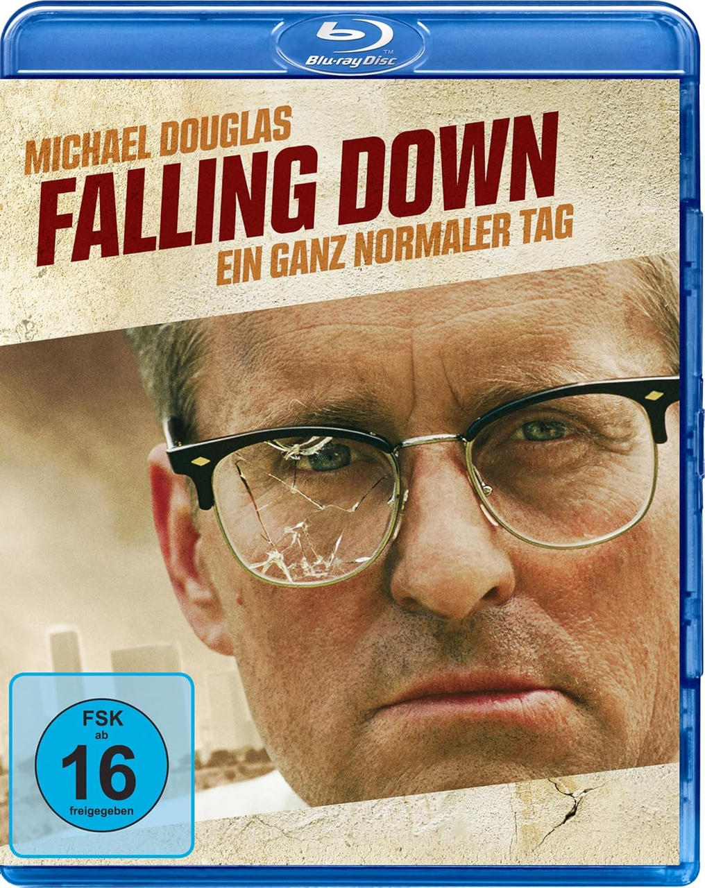 Michael Douglas mit zerbrochener Brille auf dem Cover von "Falling Down".