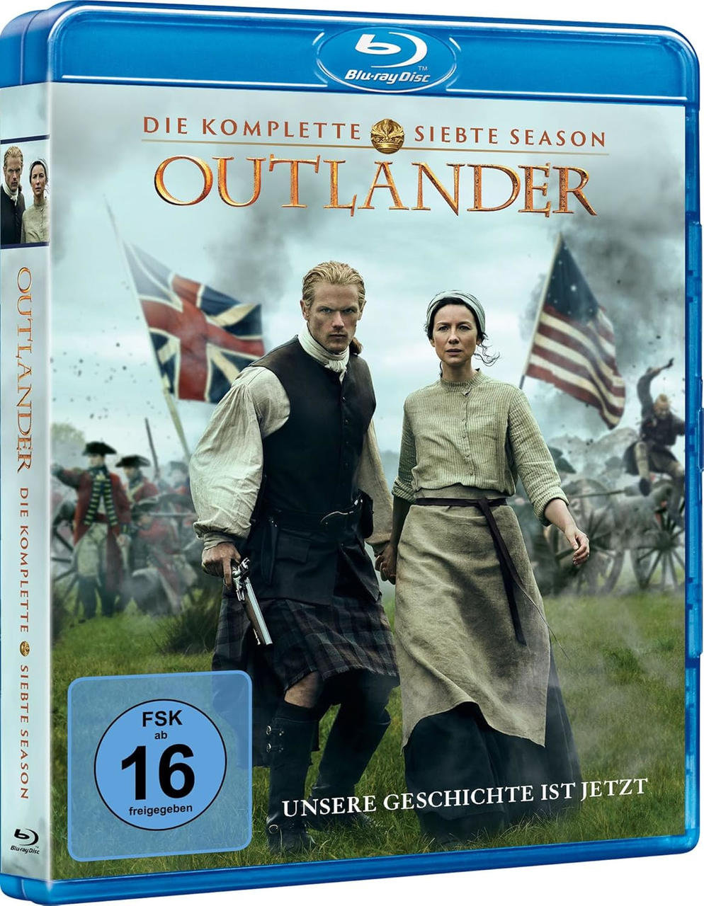 Outlander DVD-Hülle mit zwei Personen in historischer Kleidung und Flaggen. FSK 16.