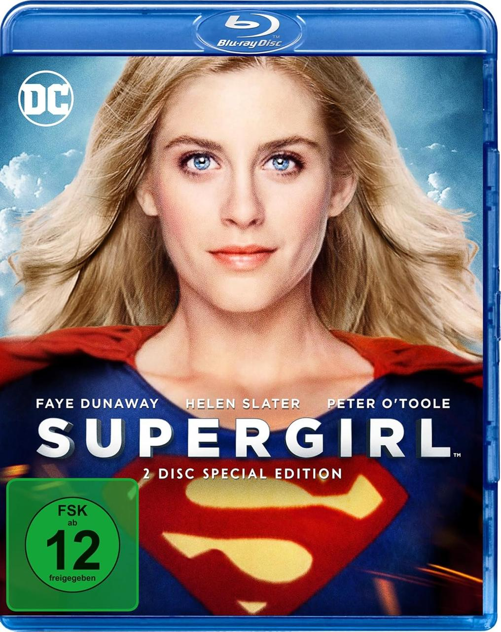 Supergirl Blu-ray Hülle mit Helen Slater als Supergirl, DC-Logo und FSK 12.