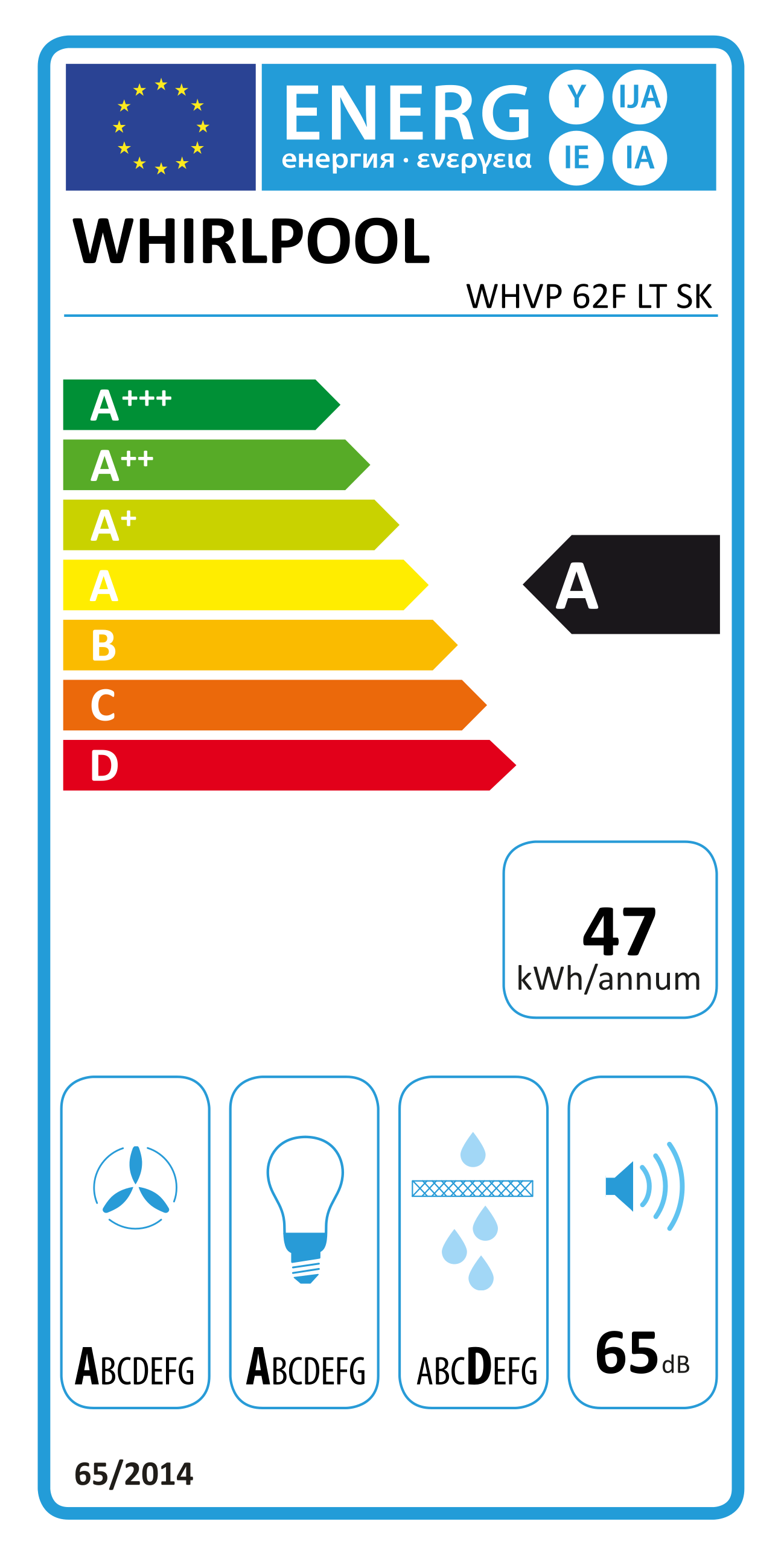 Energia címke Whirlpool készülékhez, energiahatékonyságot mutatva.