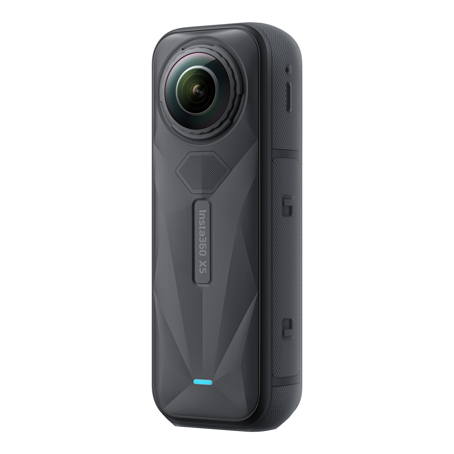 A black Insta360 X5 camera is shown, angled slightly. The device has a prominent lens and a blue light.